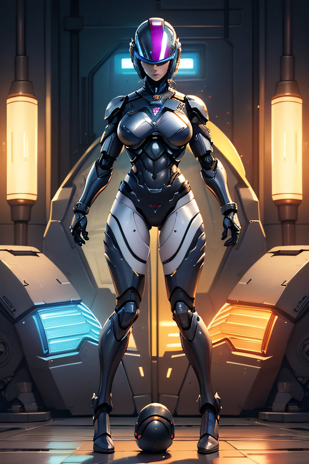 robot girl, humanoid robot, robot joints, full face mask, huge , voluptuous body, full body