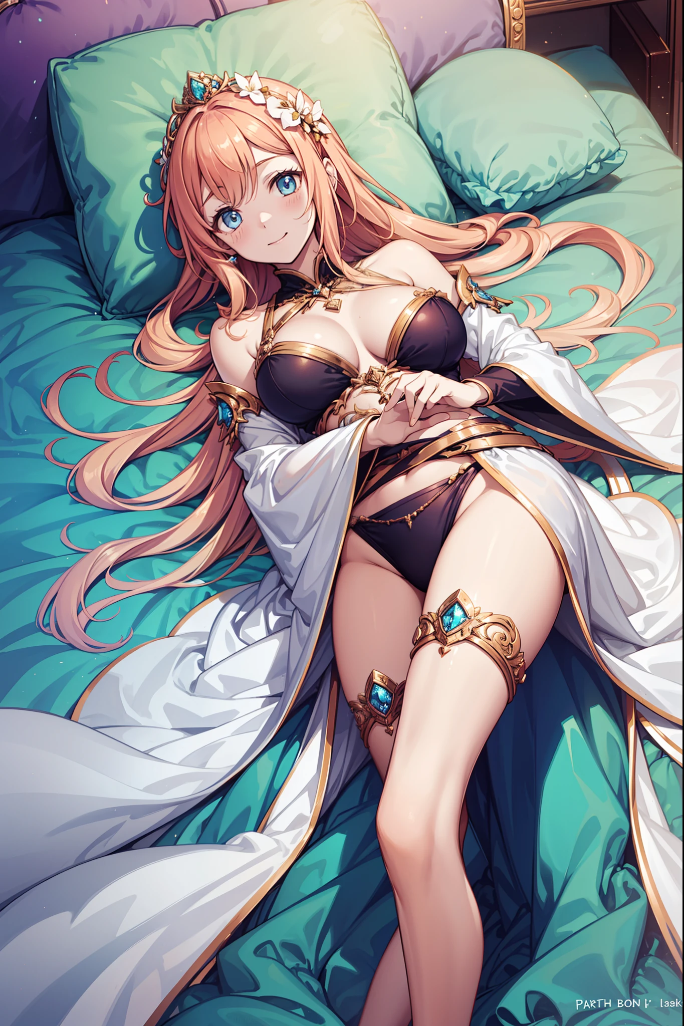 teens girl，Enchanted，having fun，Being in love，Princess dress，Deep black bikini，Light purple cloth，White transparent sleeves，White transparent skirt，exquisite costumes，inside in room，Dark scene，natta，solo person，(blond hairbl)，(pale blue color eyes)，pillow head，(Lie down)
