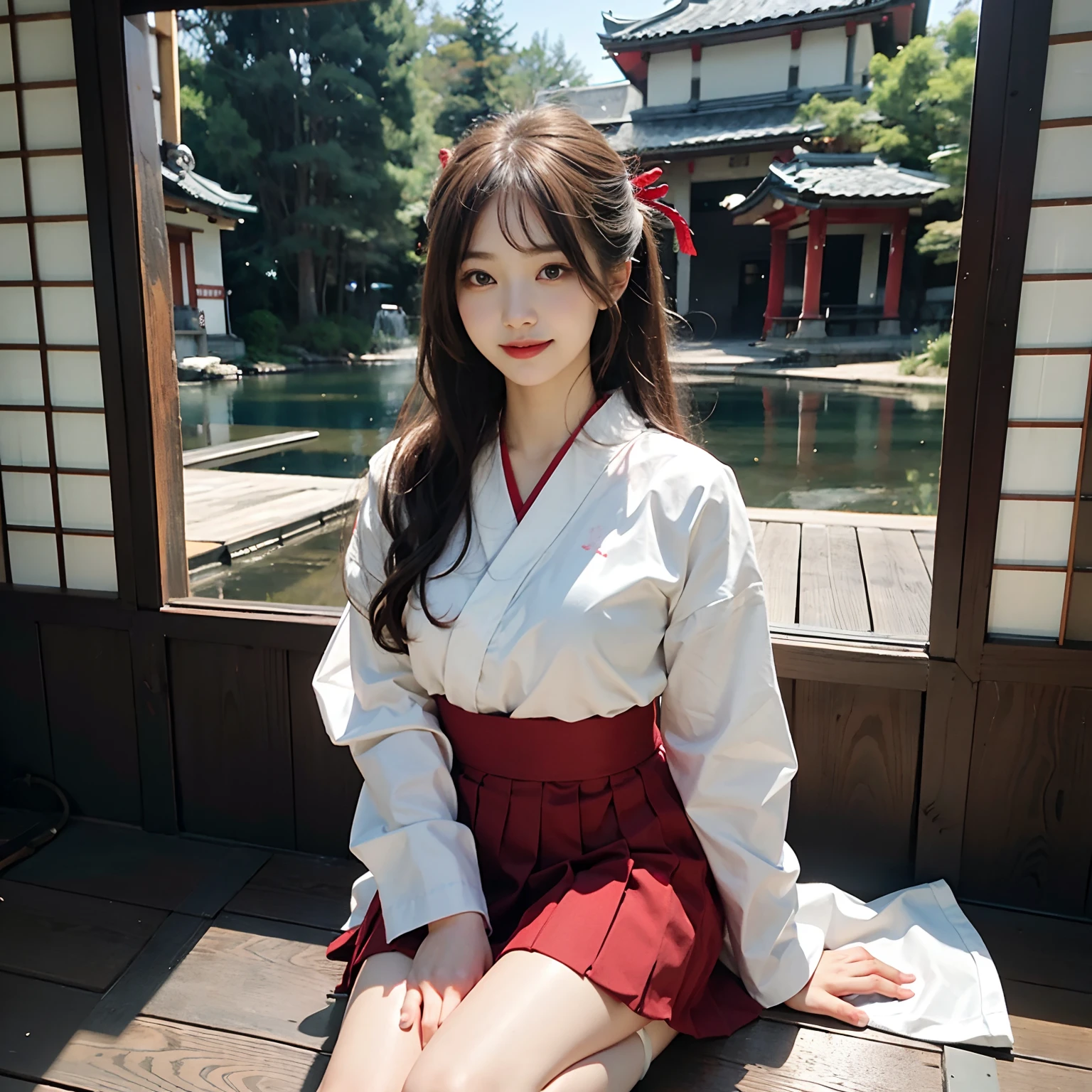 Woman in red skirt and white shirt is taking pictures, japanese girl school uniform, hakama kimono, Japan school uniform, Collar white and red, A Japanese style, Red kimono, Japanese style, traditional japanese, Wearing Hakama, japanese kimono,Autumn leaves in the background,Background inside the house ,Ultra-high image quality,No bra,feet visible ,You can see the valley ,cleavage of the breast ,Furisode ,Wide sleeves ,Wearing a priestess uniform ,shoulders can be seen ,Shoulder skin is visible ,Shoulders exposed ,wide open legs ,Opening legs ,M-shaped legs ,Sitting posture ,Sleeping position