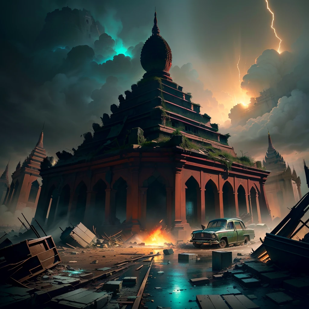 Create a visually stunning design that transports viewers to the desolate ruins of Bagan, Myanmar, in the aftermath of World War 3. The artwork should capture the desolation and havoc through intricate details of destroyed art, showcasing the resilience of the people amidst chaos. Incorporate bold color patterns and a cinematic lighting effect to evoke a captivating atmosphere. The background should be dark and magnificent, enhancing the luxurious and realistic portrayal of the desolate buildings. This illustration aims to provide viewers with an unexplored insight into the post-war struggles of Bagan and highlight the unwavering spirit of the people in Myanmar,
The artwork should feature intricate destroyed art, bold color patterns, and a cinematic lighting effect. The background should be dark and magnificent, emphasizing the luxurious and realistic portrayal of the desolate buildings. This illustration aims to provide an unexplored insight into the aftermath of the war and highlight the resilience of the people in Myanmar.Immerse yourself in a visually captivating design that vividly depicts the desolation and havoc inflicted upon the city of Bagan, Myanmar during World War 3. The artwork showcases intricate destroyed art, symbolizing the resilience and creativity of the people in the face of destruction. Bold color patterns add vibrancy and depth to the scene, while a cinematic lighting effect creates a dramatic atmosphere. The dark and magnificent background further emphasizes the luxurious and realistic portrayal of the desolate buildings. This illustration offers viewers a unique, unexplored perspective on the aftermath of war and the indomitable spirit of the people in Myanmar.