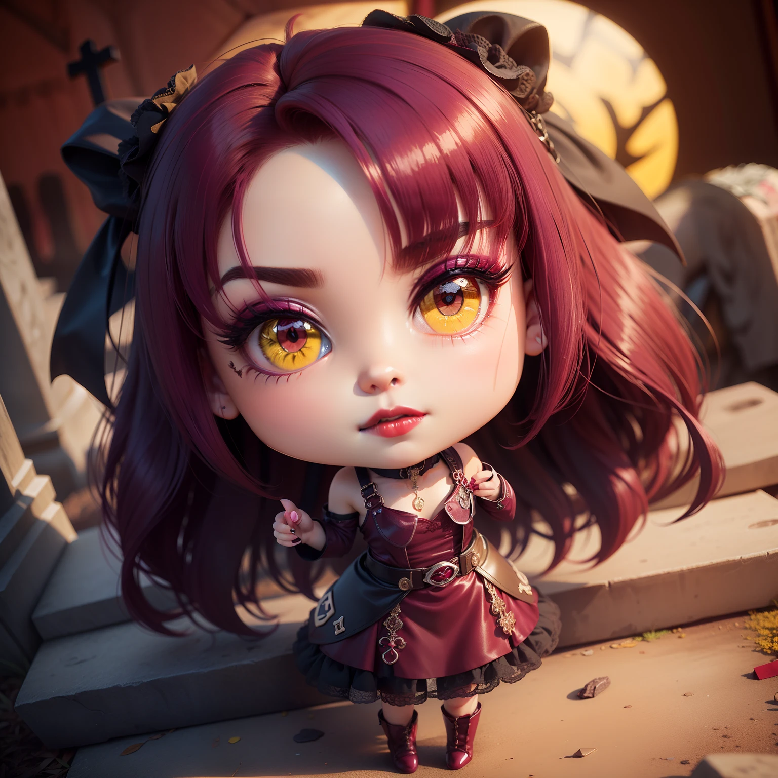 Cute Baby Chibi Anime、(((Chibi 3D))) (Best Quality), (masutepiece)、Sit and rest on a tombstone in a dark and quiet cemetery, Take a break in a gothic lolita dress, Wearing ((Black:0.8) And (Burgundy:1.4) very long dress:1.3) With cross motif and lace floral details, exposing her pale and slender neck,,,,,, Wearing a very long skirt and red boots with a chain, BREAK、With a black veil with a cross brooch that partially covers the face,、Wear a choker with a pendant on the chest Cut your hair short、Dye black with red stripes, (Dark makeup of red eyeshadow stains around the eyes, long, Thick eyelashes fluttering seductively, Red lipstick staining her lips, Use colored contacts、Hypnotize yellow eyes:1.4), Has a mysterious and attractive appearance that attracts attention,(Chibi:1.7)