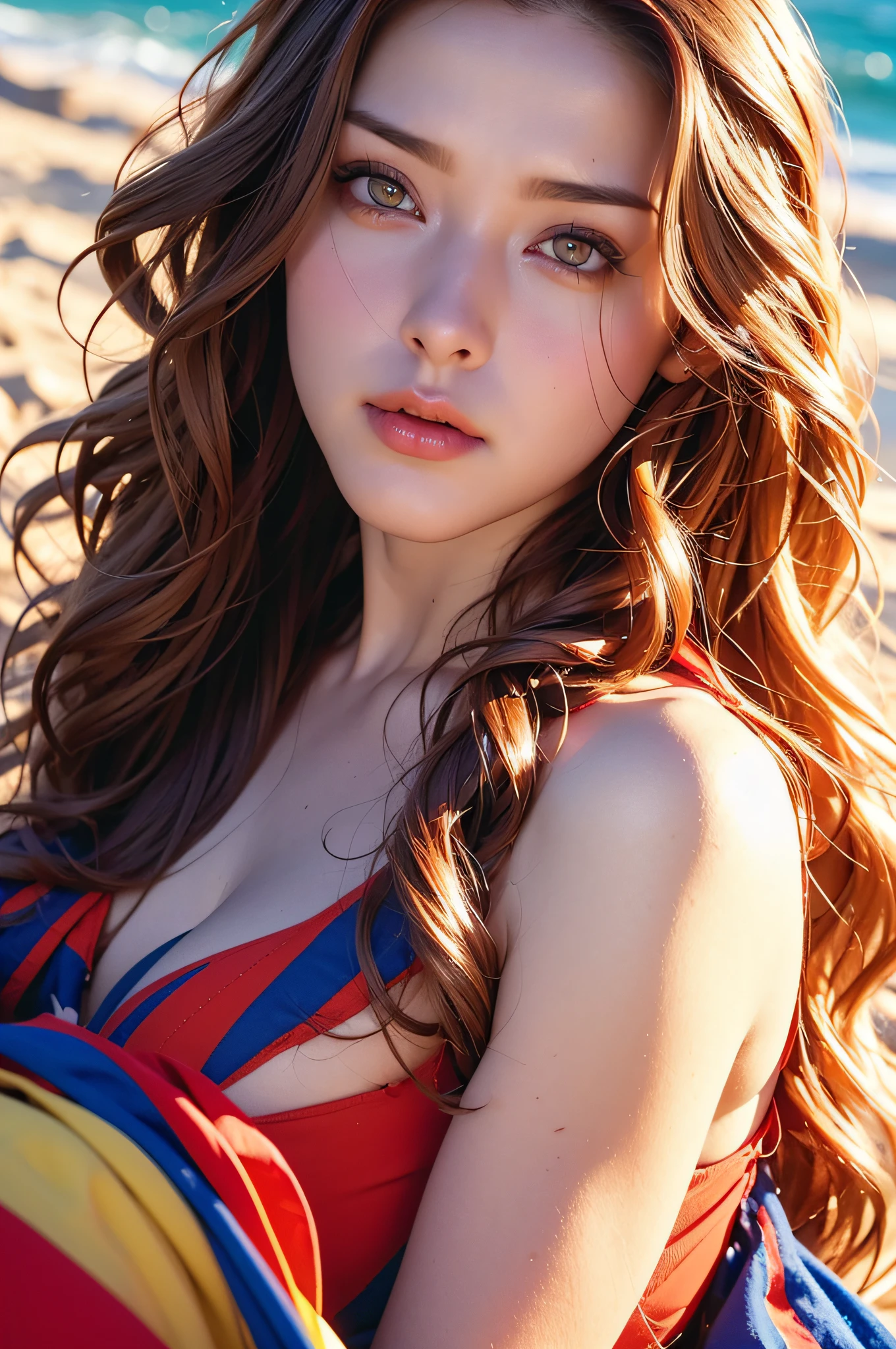 (terrifying:1.3) close photograph, cherrynobodysd15, (Beautiful face:1.1), (25-years old:1.5), Detailed eyes, dynamicposes, (Large eyes:1.0), (Toned body:1.1), (Long wavy hair:1.2), Naked, Wearing (Panties:1.1), Sandy beach, (primary colours:1.3)