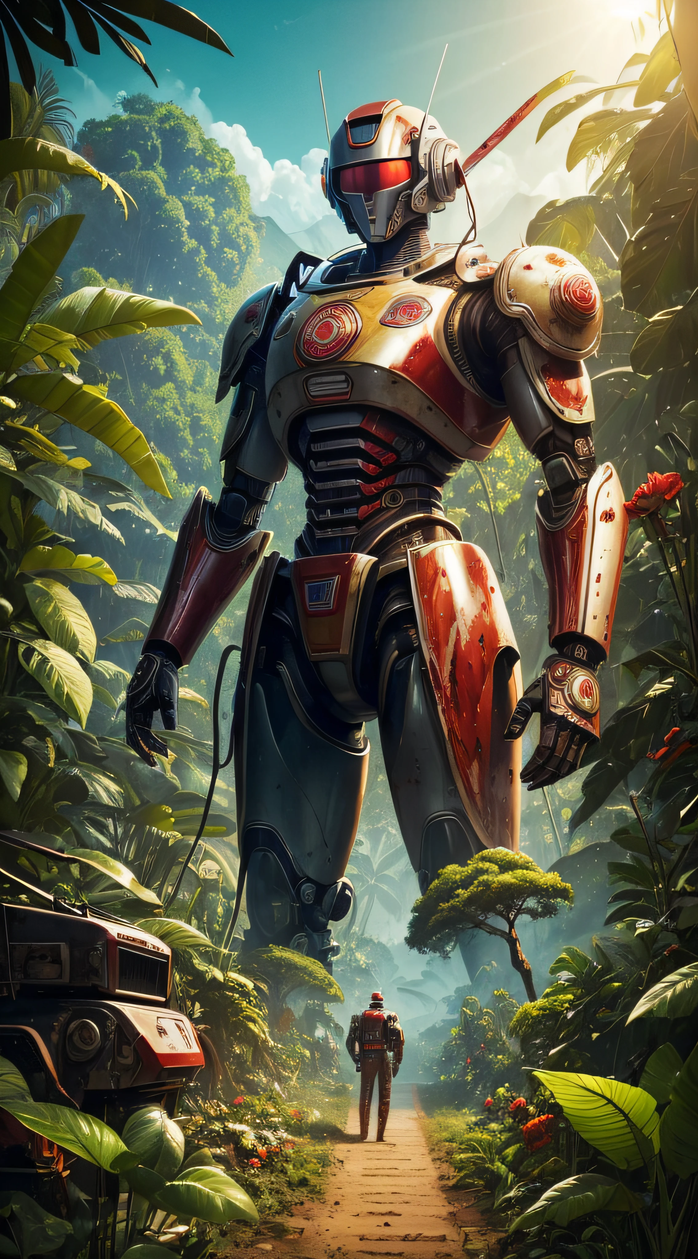 (extremadamente detallado, obra maestra, La mejor calidad, foto antigua, principios de siglo, VHS Aesthetics) Great retro robot with blood in robotic hands. In the middle of a strange jungle. Vegetables from another dimension. Epic flowers far away, organic trees with meat. Light Volumetric