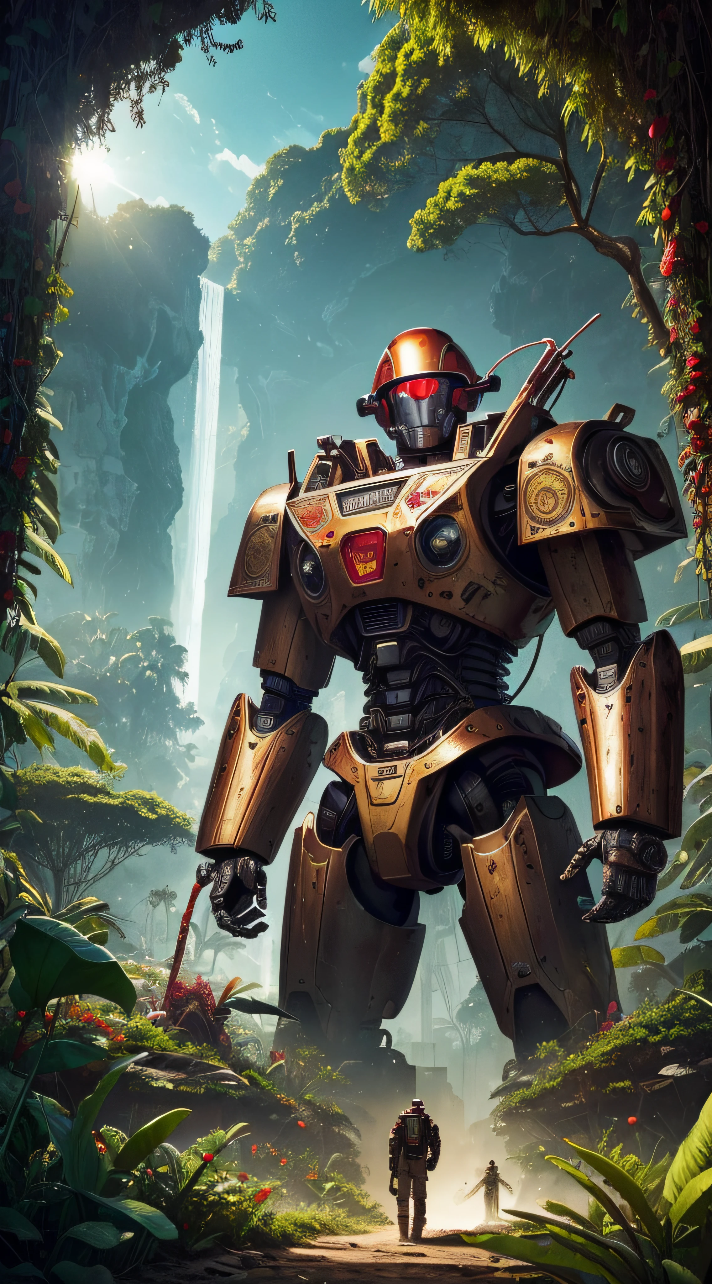 (extremadamente detallado, obra maestra, La mejor calidad, foto antigua, principios de siglo, VHS Aesthetics) Great retro robot with blood in robotic hands. In the middle of a strange jungle. Vegetables from another dimension. Epic flowers far away, organic trees with meat. Light Volumetric