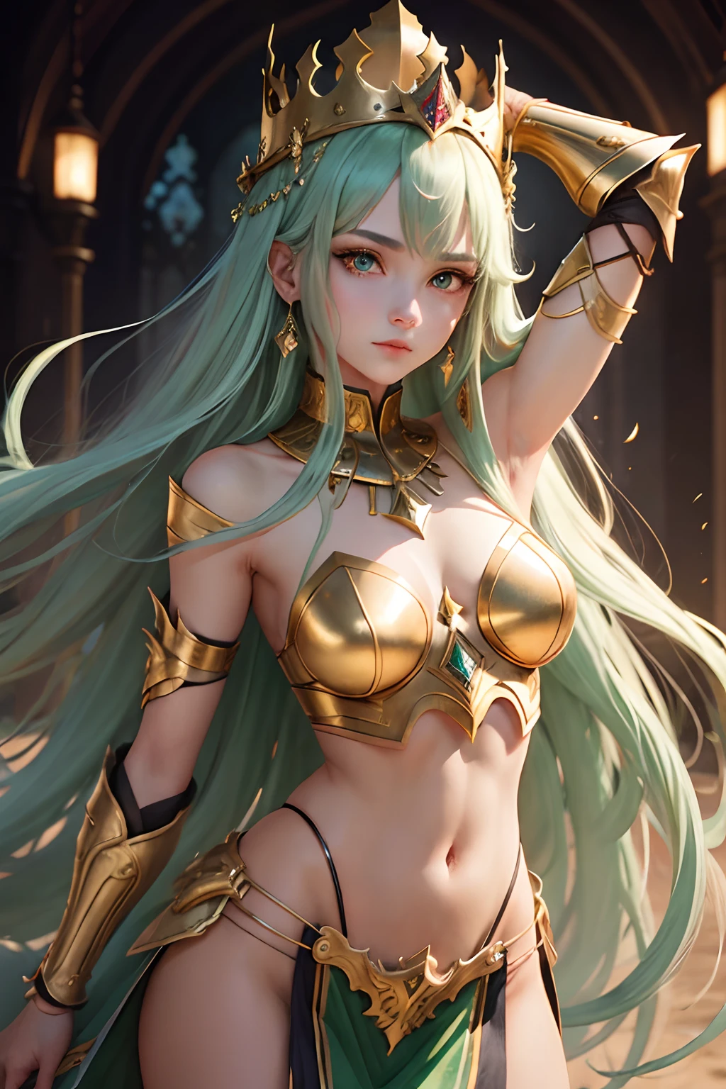 1girl beauty with gold silver armor, green long hair red eyes diamonds crown