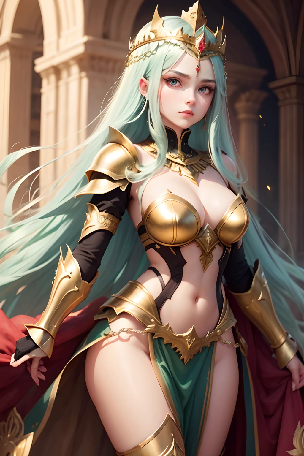 1girl beauty with gold silver armor, green long hair red eyes diamonds crown
