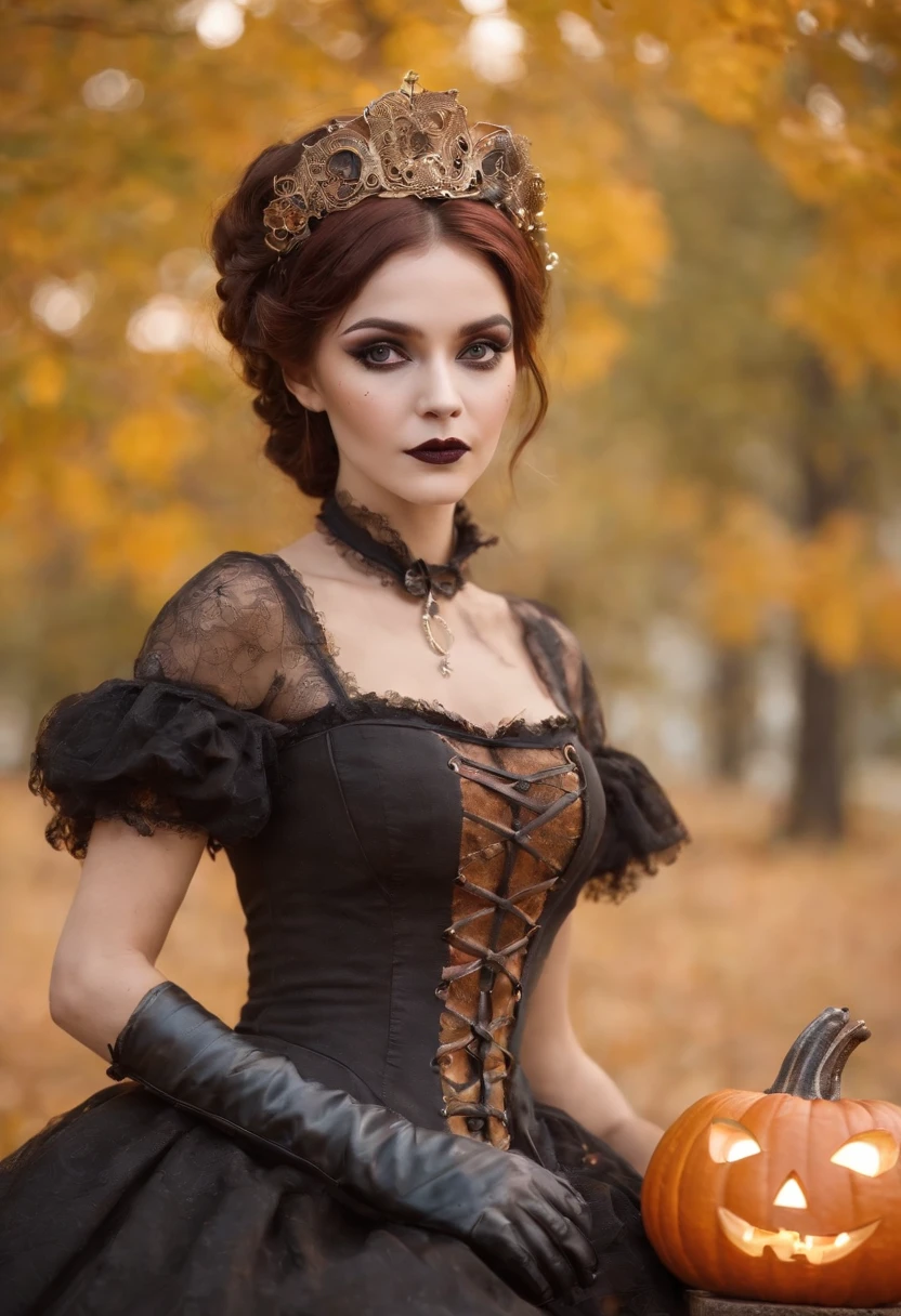 steampunc、Steampunk Body、Full body posture、skeletal、Machine body、Gear device、Karakuri doll、Industrial Revolution、Russian woman、drooing eyes、Short hairstyle、Little fat girl、sulky face、skeletal、(((Halloween Makeup)))Autumn landscape、evening、Halloween pumpkins are filling your feet