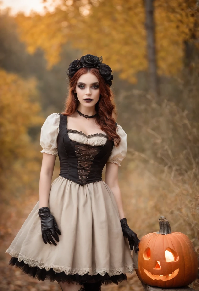 steampunc、Steampunk Body、Full body posture、skeletal、Machine body、Gear device、Karakuri doll、Industrial Revolution、Russian woman、drooing eyes、Short hairstyle、 fat girl、sulky face、skeletal、(((Halloween Makeup)))Autumn landscape、evening、Halloween pumpkins are filling your feet