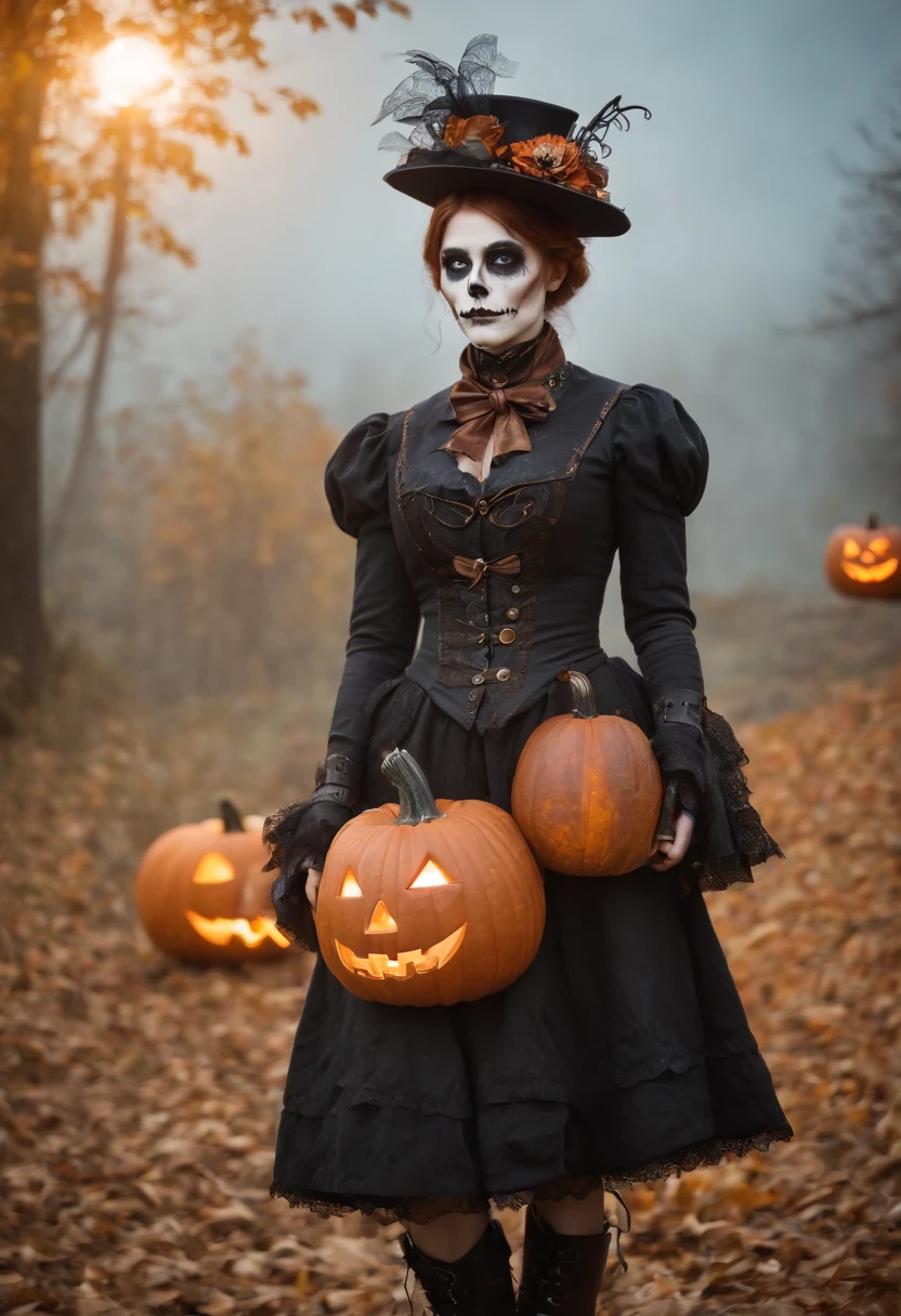 steampunc、Steampunk Body、Full body posture、skeletal、Machine body、Gear device、Karakuri doll、Industrial Revolution、Russian woman、drooing eyes、Short hairstyle、Little fat girl、sulky face、skeletal、(((Halloween Makeup)))Autumn landscape、evening、Halloween pumpkins are filling your feet