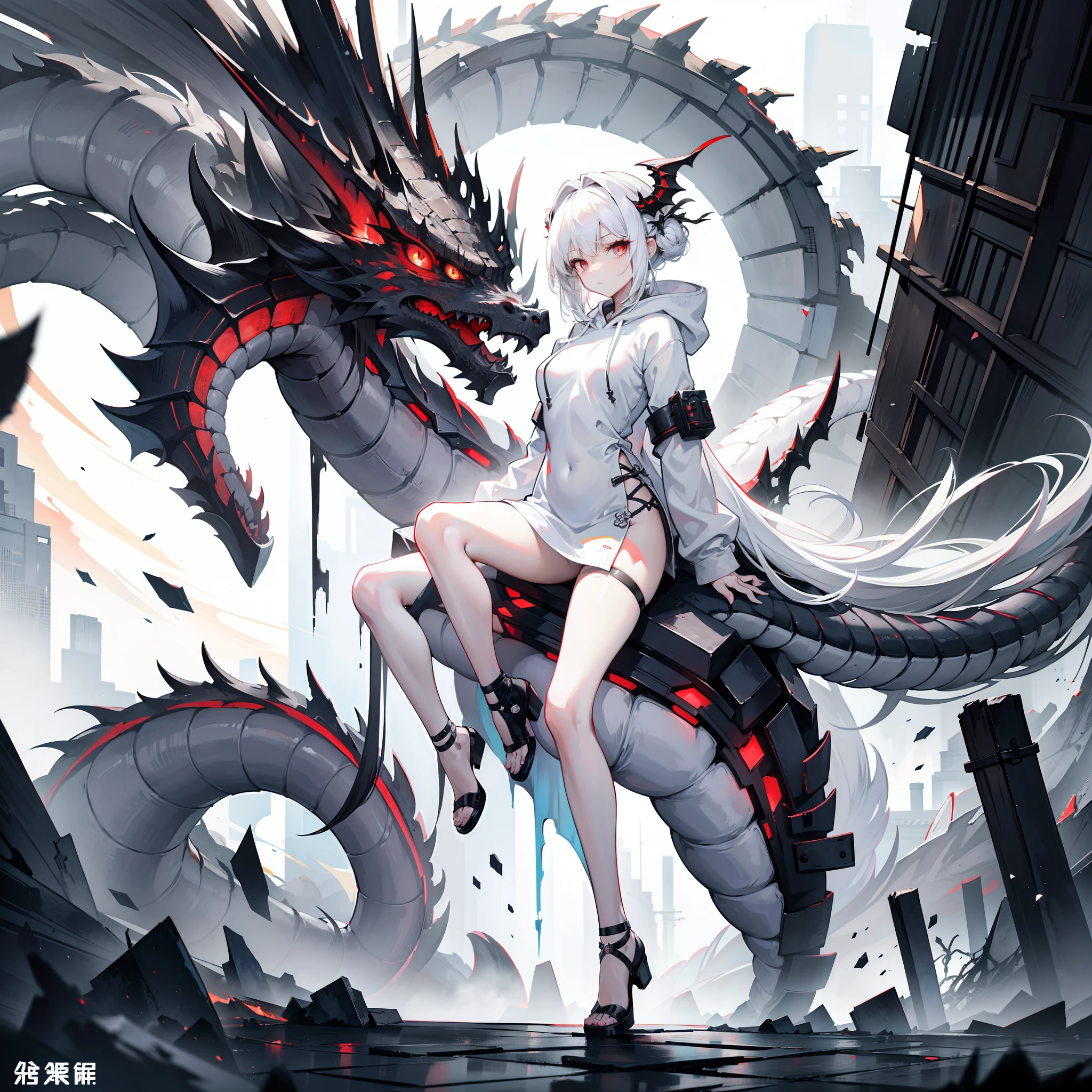​masterpiece、top-quality、Broken World、theme: Collapsed shrine, main color: greys, Secondary color: A black, backgroundColor: Adapts to station conditions, styles: artistic, Dark Fantasy、shape: Crumbling and broken buildings、 Textured: Vintage, Line description: Rough, Description of the girl: white  hair、girl with white eyes、Military fashion、The upper part of the body、Wear a hoodie、White Dragon、shenron、big dragon、dragon in the background、The dragon、shenron、Bring the Dragon、White coat、a beauty girl、Beautiful face、red eyes、mysterious look