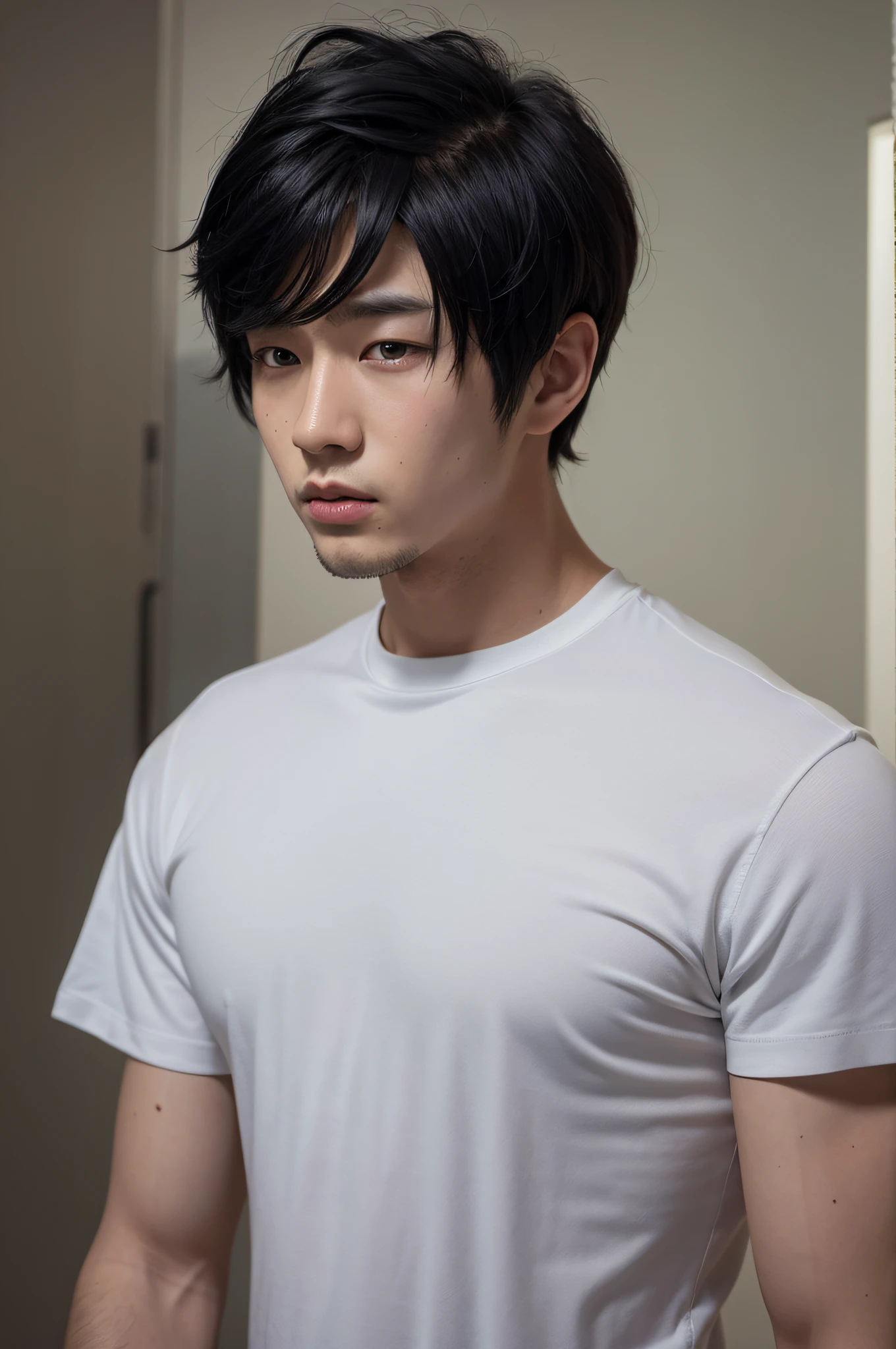 There is a man with black hair and a white shirt, realistic style, smooth digital art, Korean mixed-race male, 27 years old, not looking very smart, surreal, realistic style, realistic details, inspired by real portraits, [4K realism]!!, realistic realistic, realistic.