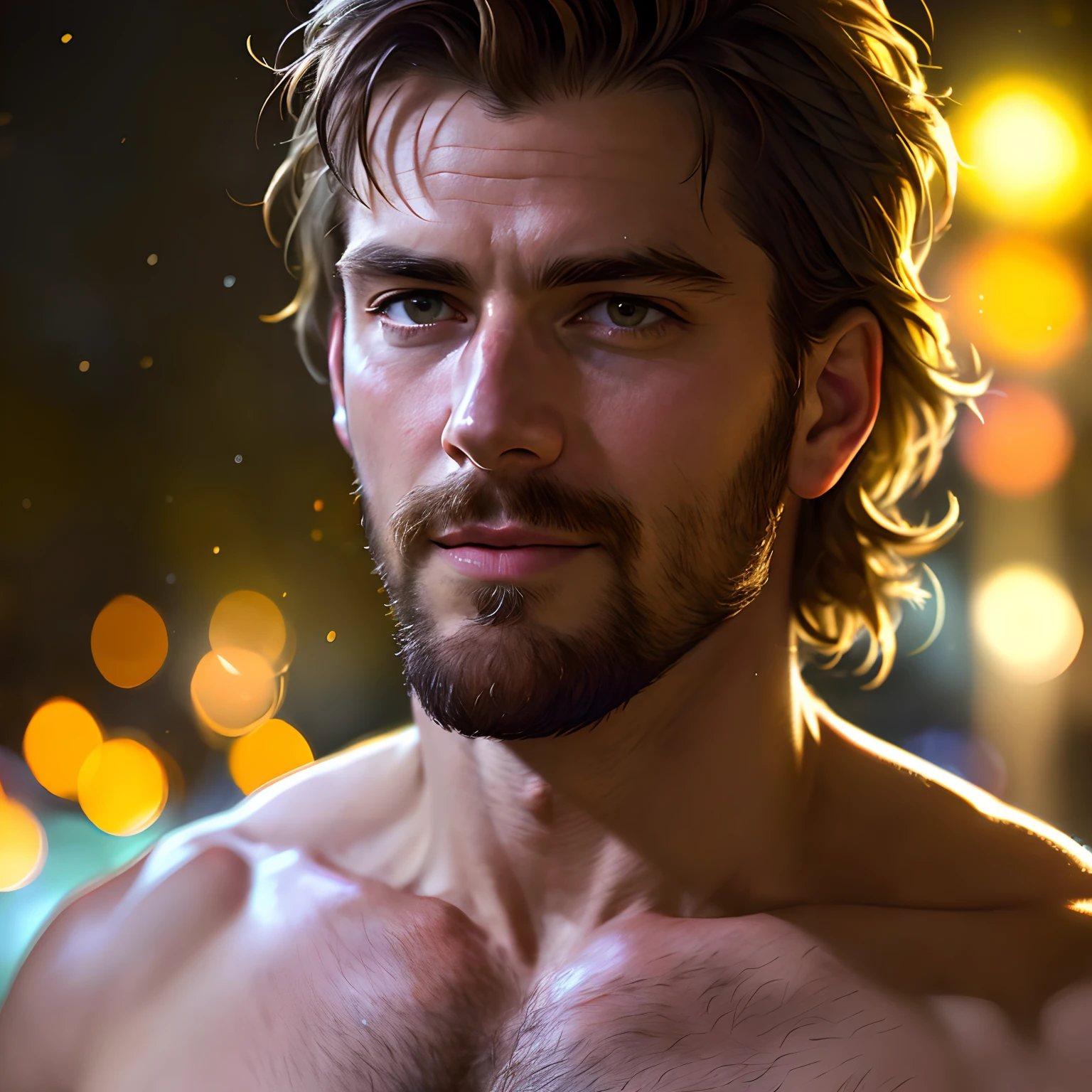 masterpiece, best quality, close-up portait, handsome shirtless scruffy daddy, (bokeh), realistic, dramatic lighting, atmospheric, intricate detail