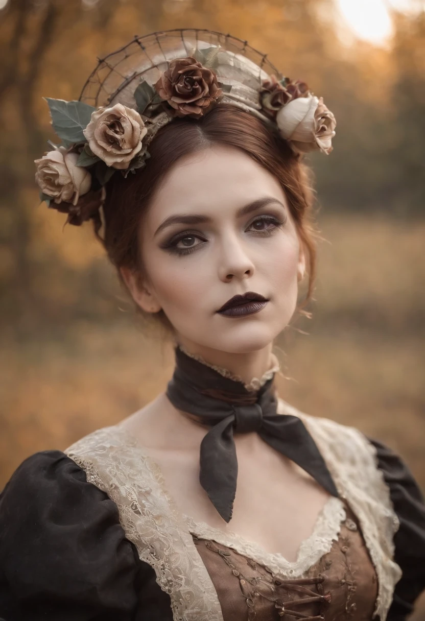 steampunc、Steampunk Body、Full body posture、skeletal、Machine body、Gear device、Karakuri doll、Industrial Revolution、Russian woman、drooing eyes、Short hairstyle、Little fat girl、sulky face、skeletal、(((Halloween Makeup)))Autumn landscape、evening、Like the Addams Family、Nightmare