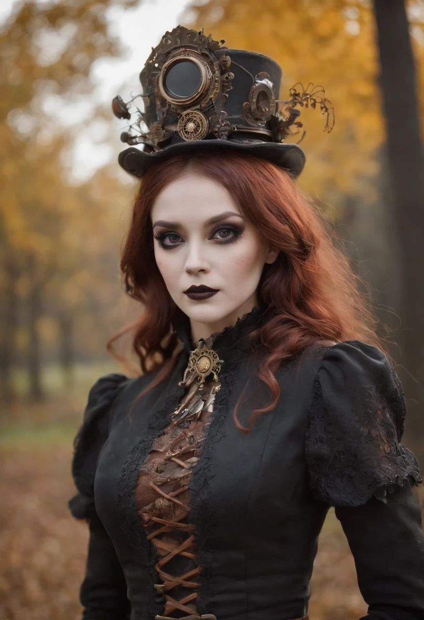 steampunc、Steampunk Body、Full body posture、skeletal、Machine body、Gear device、Karakuri doll、Industrial Revolution、Russian woman、drooing eyes、Short hairstyle、Little fat girl、sulky face、skeletal、(((Halloween Makeup)))Autumn landscape、evening、Like the Addams Family、Nightmare