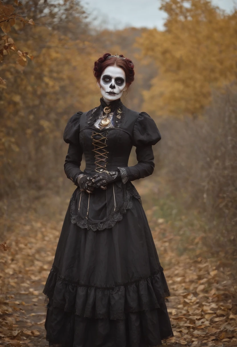 steampunc、Steampunk Body、Full body posture、skeletal、Machine body、Gear device、Karakuri doll、Industrial Revolution、Russian woman、drooing eyes、Short hairstyle、Little fat girl、sulky face、skeletal、(((Halloween Makeup)))Autumn landscape、evening、Like the Addams Family、Nightmare