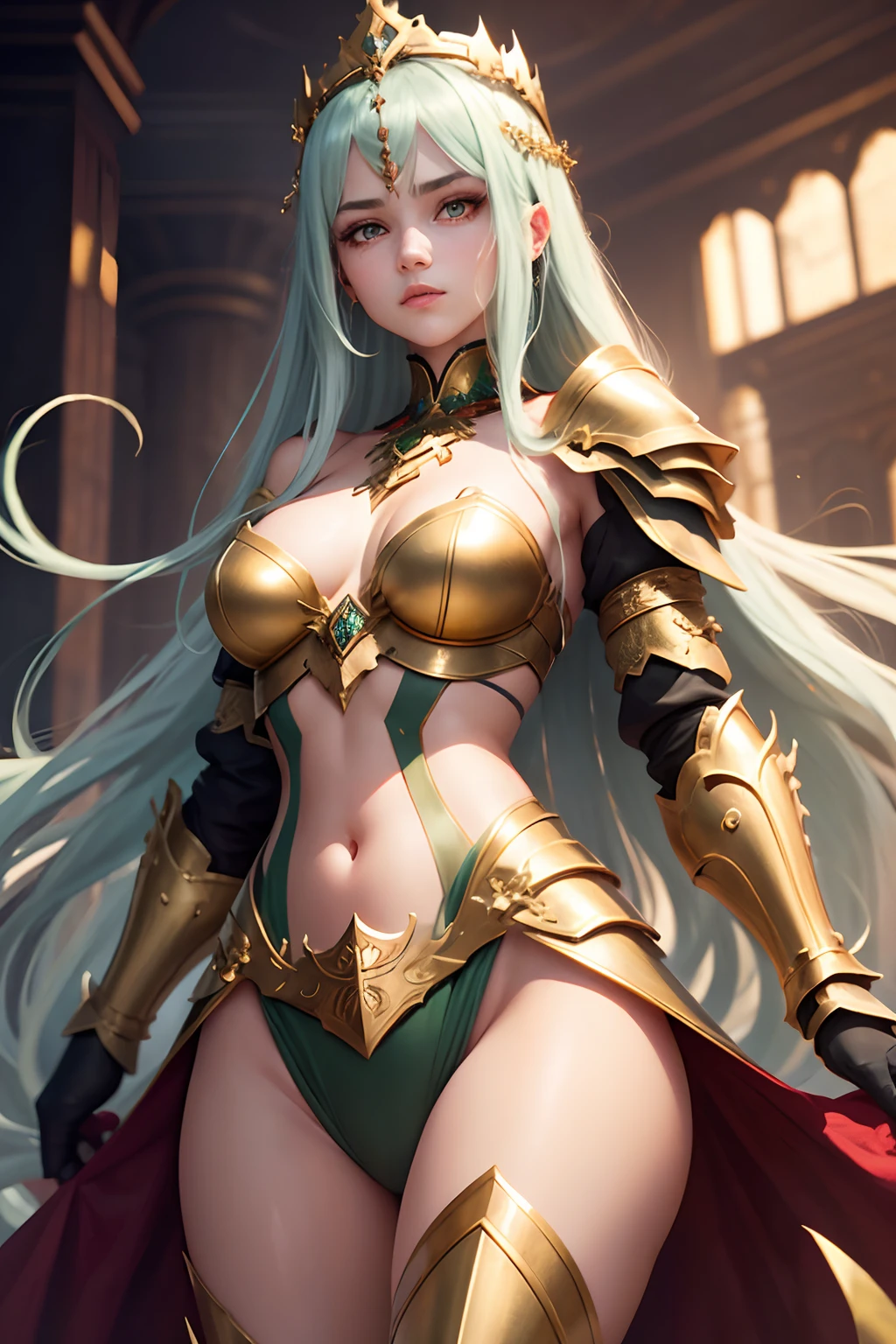 1girl beauty with gold silver armor, green long hair red eyes diamonds crown