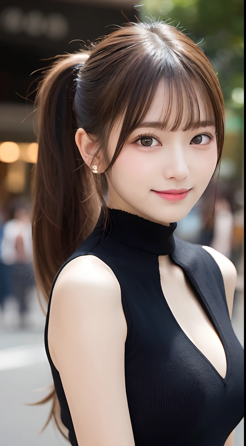 masutepiece, Best Quality, Illustration, Ultra-detailed, finely detail, hight resolution, 8K Wallpaper, Perfect dynamic composition, Beautiful detailed eyes, Women's Fashion Summer,Ponytail hair,Small breasts natural color lip, Bold sexy poses,Smile,Harajuku、20 years girl、Cute、Sexy shot looking at camera