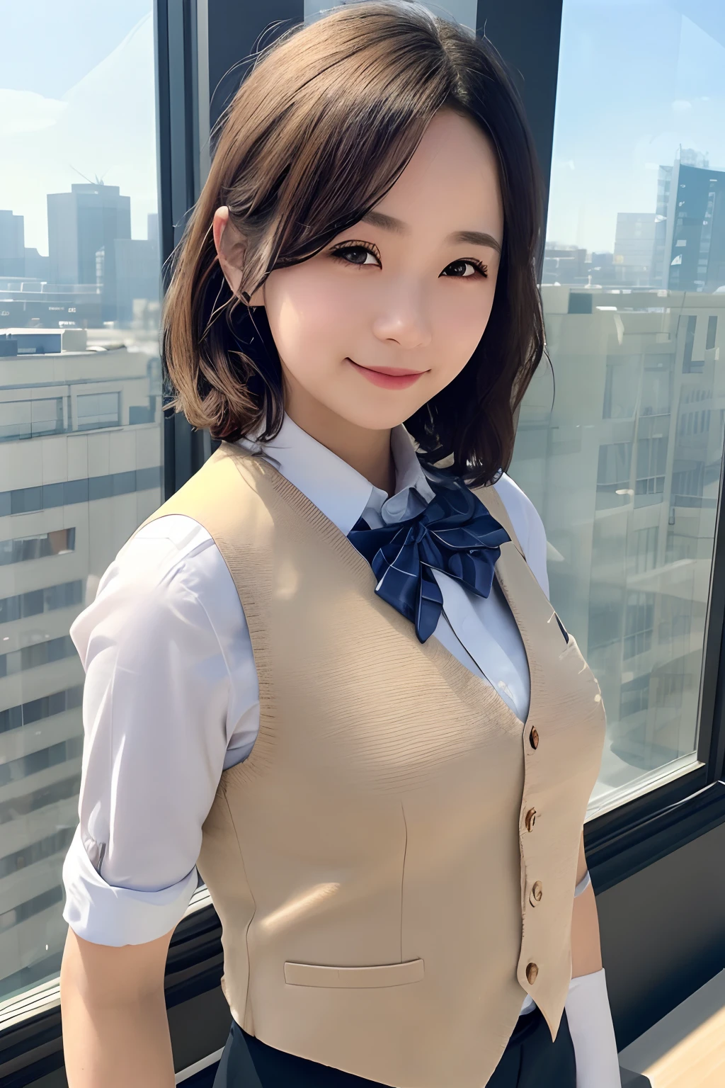 1girl, matured female, vest, bow, photo, realistic, best quality, hires, detailed face, office, buildings from window, detailed background, diffused sunlight, depth of field, bokeh