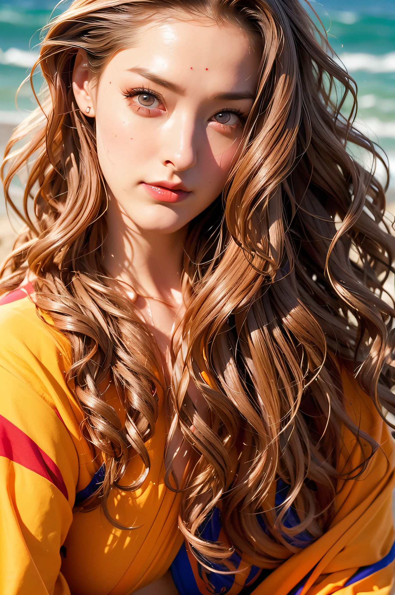 (terrifying:1.3) close photograph, cherrynobodysd15, (Beautiful face:1.1), (25-years old:1.5), Detailed eyes, dynamicposes, (Large eyes:1.0), (Toned body:1.1), (Long wavy hair:1.2), Naked, Wearing (Panties:1.1), Sandy beach, (primary colours:1.3)
