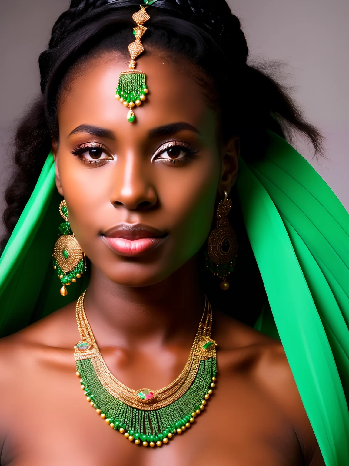 a close up of a woman wearing a green headdress and jewelry, stunning african princess, dark skin female goddess of love, gorgeous woman, a stunning portrait of a goddess, black african princess, portrait of a beautiful goddess, african princess, dark skin, african queen, dark complexion, goddess close-up portrait, goddess jewelry, covered in jewels, gorgeous beautiful woman