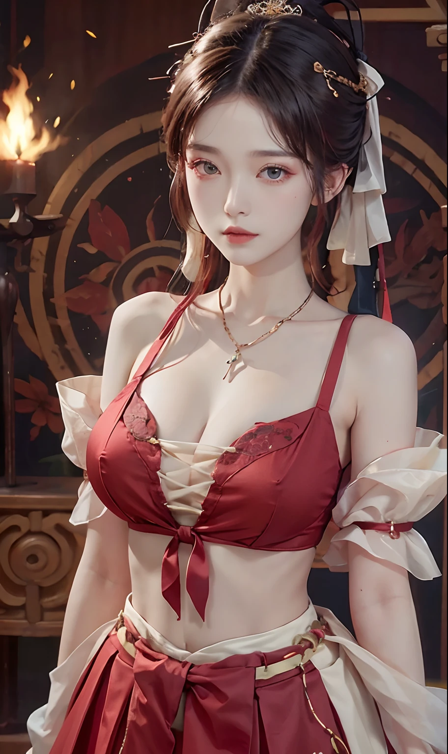 （RAW photogr，best qualtiy）， best qualtiy， The is very detailed， tmasterpiece， ultra - detailed， illustratio， one-girl， （huge boob，cleavage）， dynamic angle， best qualtiy， extremely detailed CG unity 8k wal，电影灯光，Dunhuang-style women wear waist skirts，Upper body dark red collared shirt，Wrapped in a heavy chest，The waist is just tied around the waist，Pendant with pressed skirt beads，The skirt is a pale white pleated skirt；Eyes like apricots，The lips are lit with vermilion rouge，With an intellectual temperament，Beautiful without losing stability and maturity。