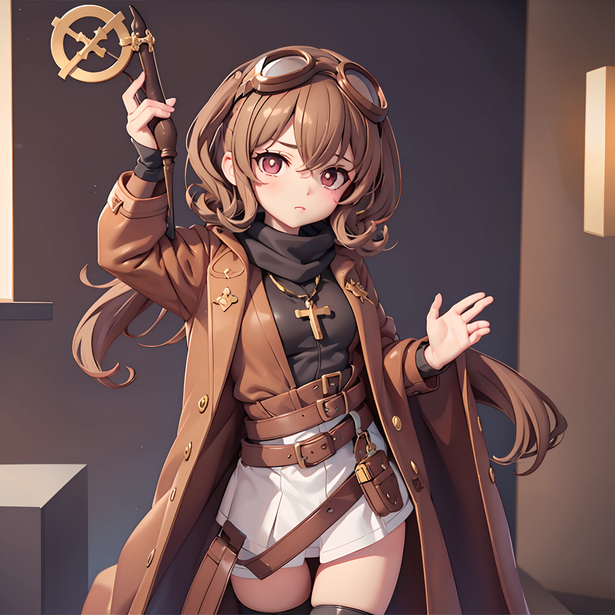 1girl, brown hair, curly hair, brown eyes, (cruciform pupil of the eye:1.1), ((cross-shaped pupils)), short hair, cute, adult, long coat, arknights, succubus horns, glove, medium breasts, (goggles:1.4), scarf, ((draw)), ((glow draw))
