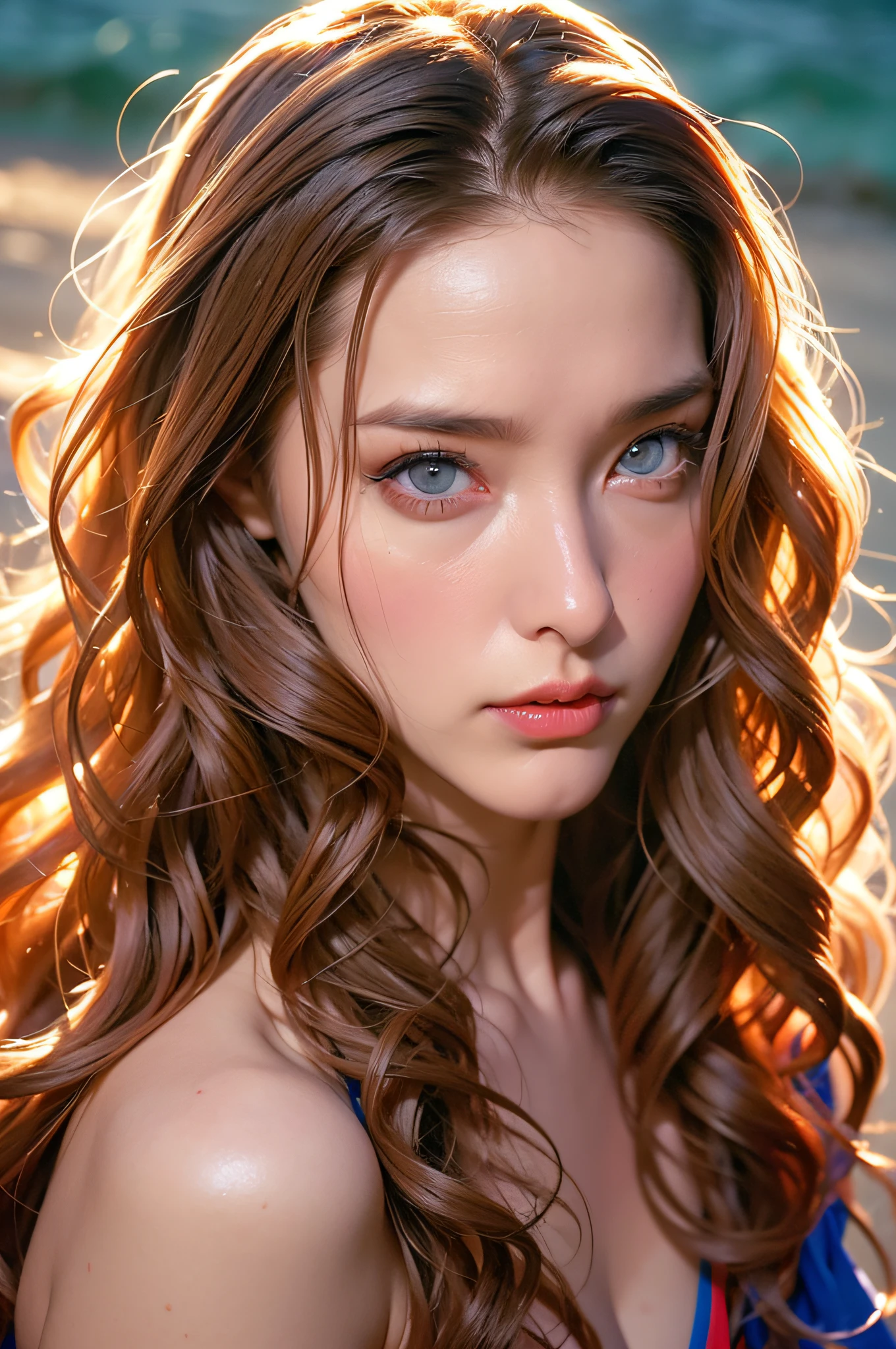 (terrifying:1.3) close photograph, cherrynobodysd15, (Beautiful face:1.1), (25-years old:1.5), Detailed eyes, dynamicposes, (Large eyes:1.0), (Toned body:1.1), (Long wavy hair:1.2), Naked, Wearing (Panties:1.1), Sandy beach, (primary colours:1.3)
