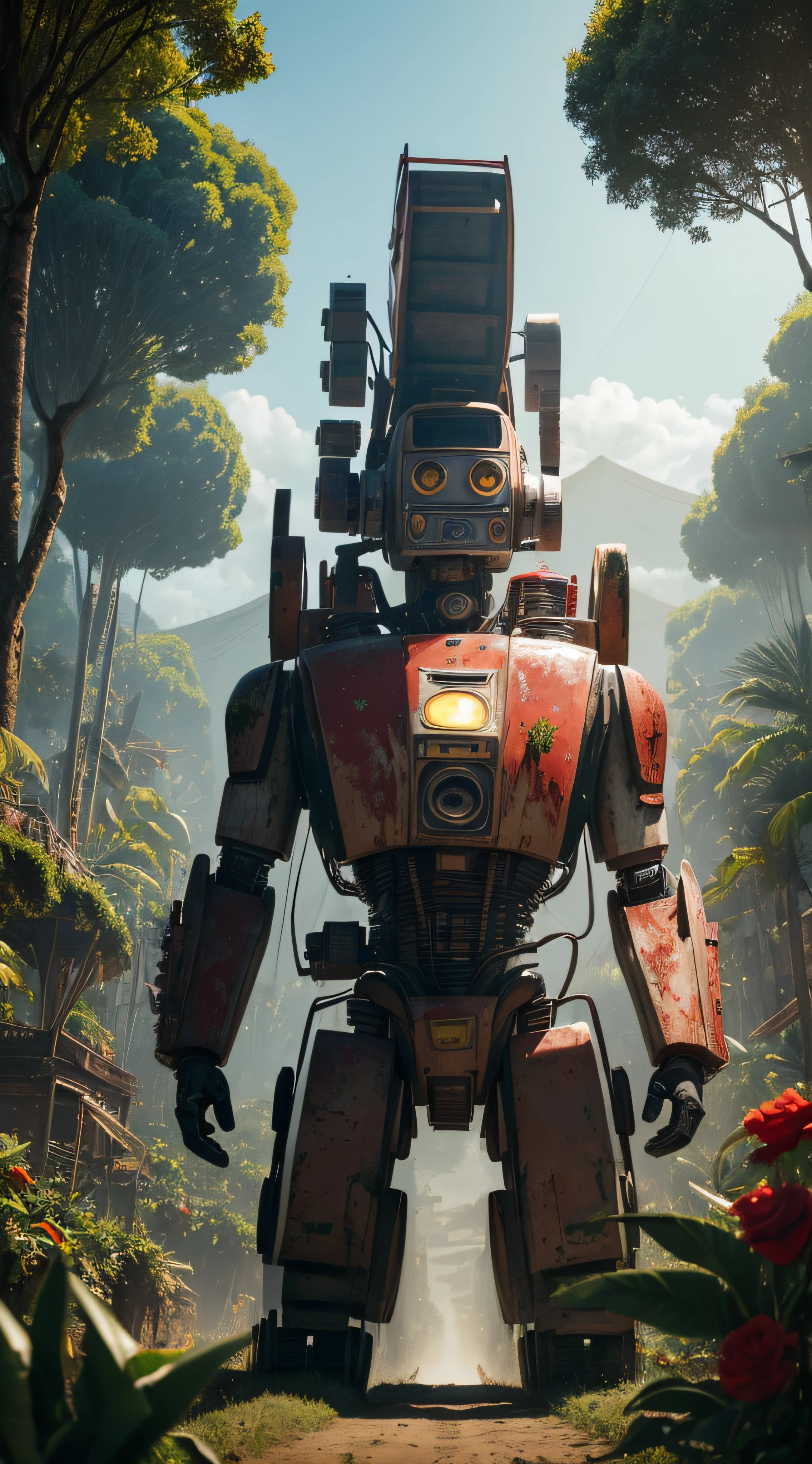 (extremadamente detallado, obra maestra, La mejor calidad, foto antigua, principios de siglo, VHS Aesthetics) Great retro robot with blood in robotic hands. cannons on his back. In the middle of a strange jungle. Vegetables from another dimension. Epic flowers far away, organic trees with meat. Light Volumetric