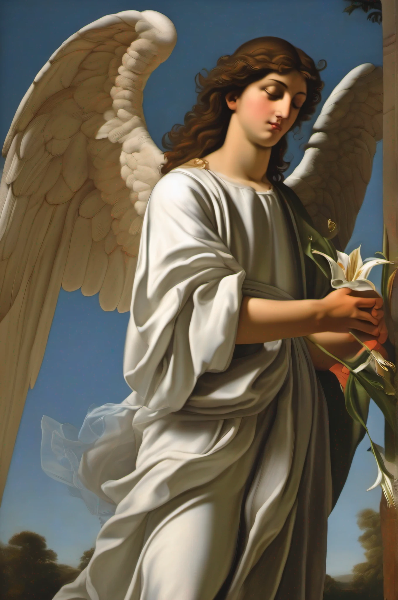 pintura a oleo, angel Gabriel holding a Lily, breathtaking masterpiece, Vivid, ornado, Caravaggio, 8k