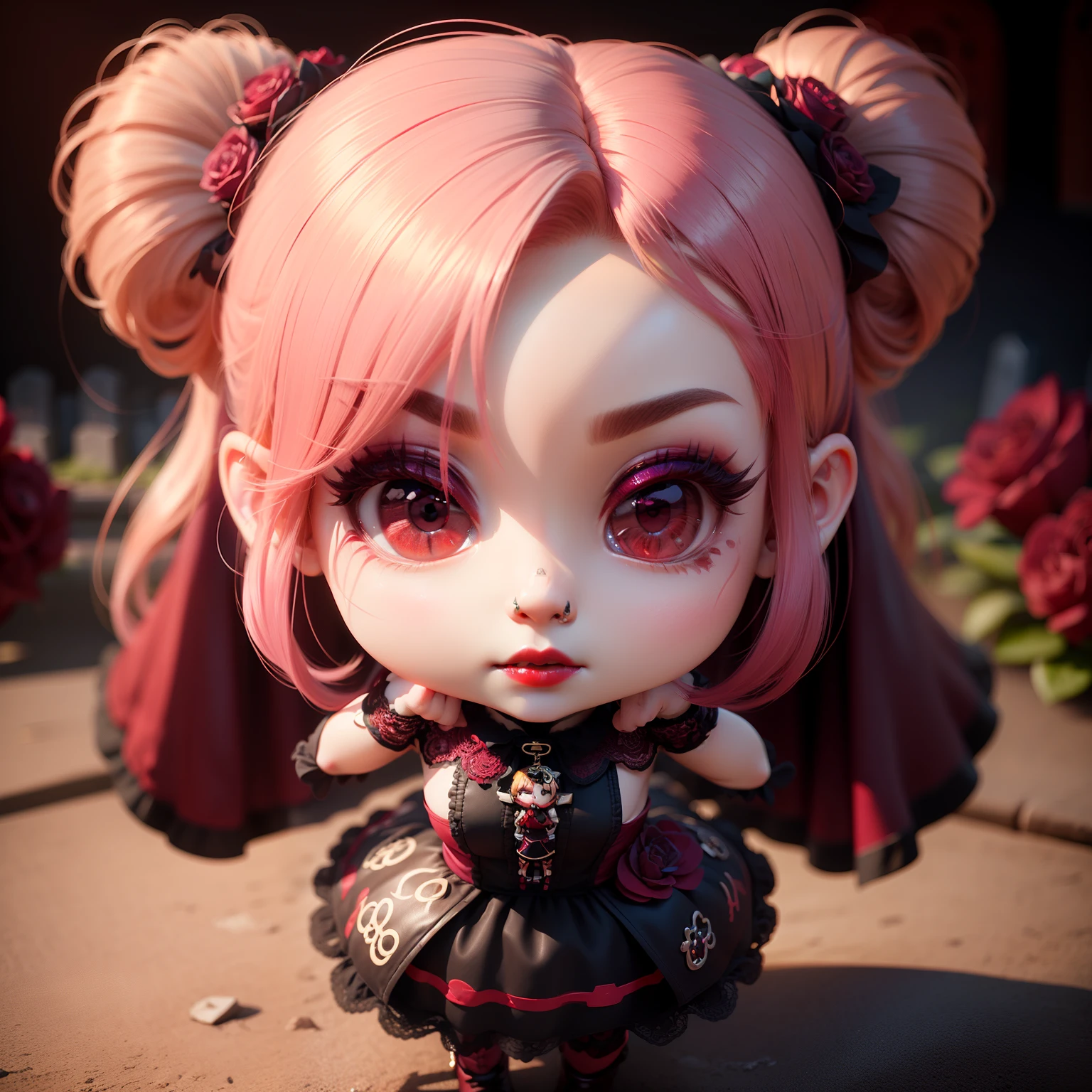 Cute Chibi Anime、(((Chibi 3D))) (Best Quality), (masutepiece)、Tombstones in a dark and quiet cemetery、Dressed in a Gothic Lolita dress ((Black:0.8) And (Burgundy:1.4) very long dress:1.3) With cross motif and lace floral details, exposing her pale and slender neck,,,,,,, Wearing a very long skirt and red boots with a chain, BREAK、With a black veil with a cross brooch that partially covers the face、A dark-haired、Red rose hair ornament、Wear a choker with a pendant on the chest Cut your hair short、Dye black with red stripes, (Dark makeup of red eyeshadow stains around the eyes, long, Thick eyelashes fluttering seductively, Red lipstick staining her lips, Use colored contacts、hypnotising:1.4), Has a mysterious and attractive appearance that attracts attention,(Chibi:1.7)