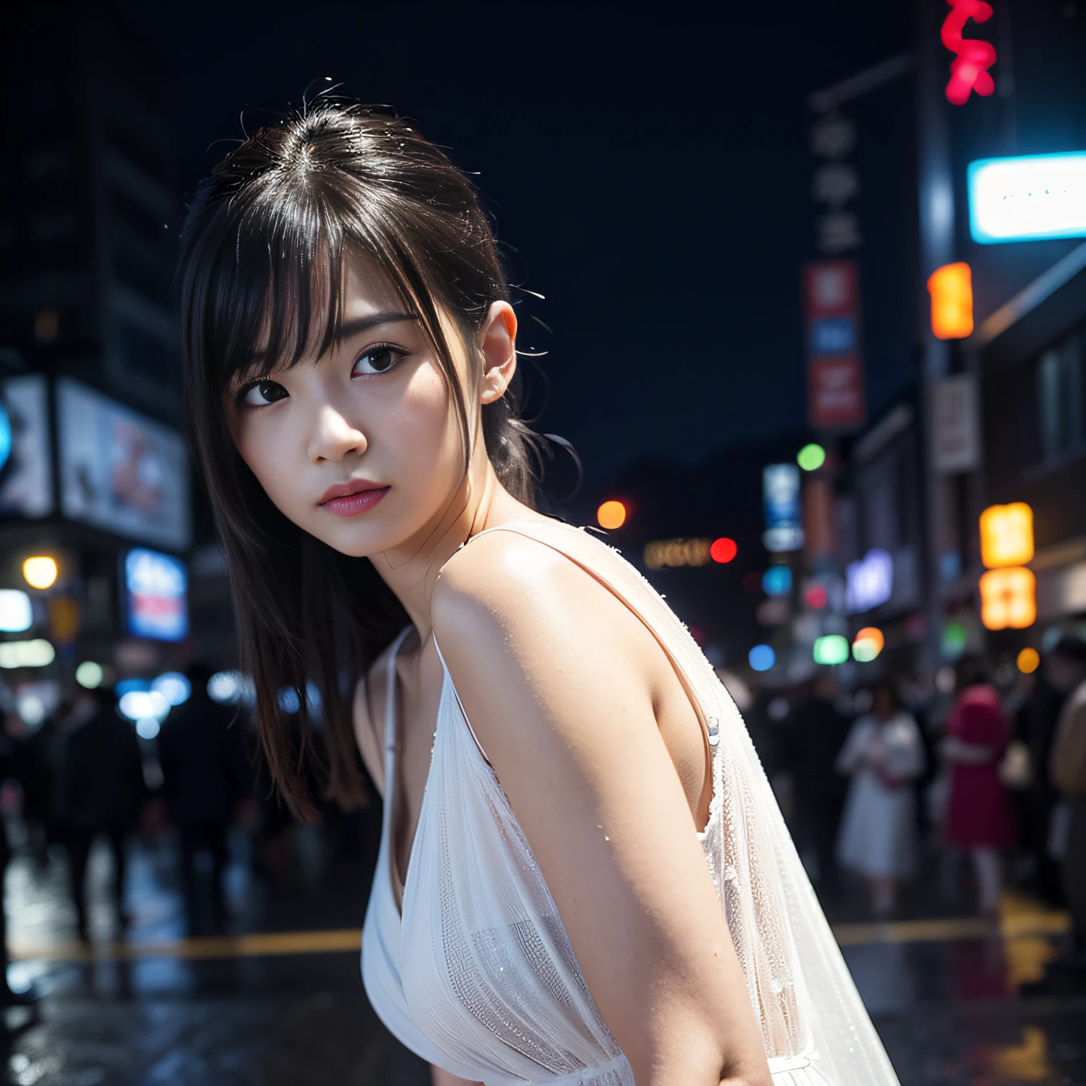 a picture、(Photorealsitic:1.4)、(hyper realisitic:1.4)、(Cinematic:1.5)、Woman in her 20s、独奏、(beautiful and delicate face)、Rain Shibuya、natta、Woman in white