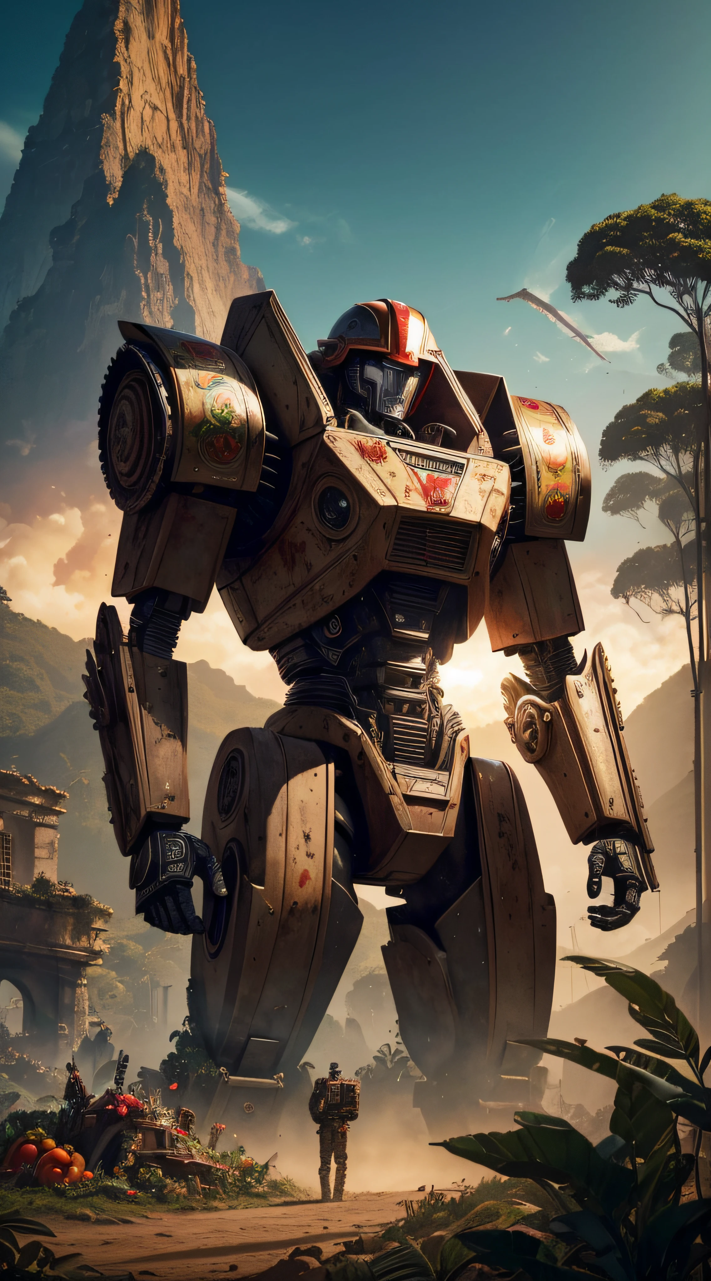 (extremadamente detallado, obra maestra, La mejor calidad, foto antigua, principios de siglo, VHS Aesthetics) Great retro robot with blood in robotic hands. cannons on his back. In the middle of a strange jungle. Vegetables from another dimension. Epic flowers far away, organic trees with meat. Light Volumetric