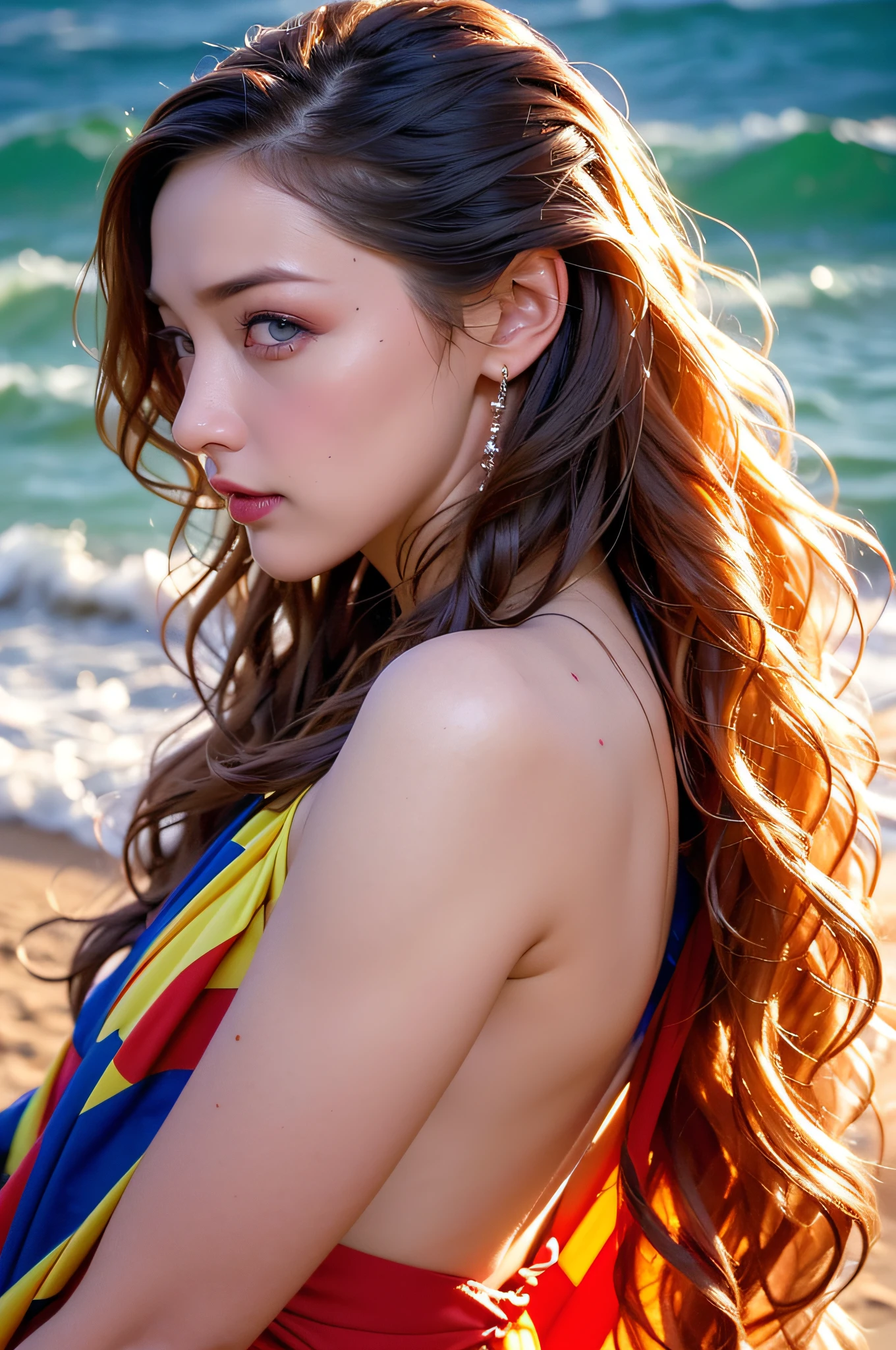 (terrifying:1.3) close photograph, cherrynobodysd15, (Beautiful face:1.1), (25-years old:1.5), Detailed eyes, dynamicposes, (Large eyes:1.0), (Toned body:1.1), (Long wavy hair:1.2), Naked, Wearing (Panties:1.1), Sandy beach, (primary colours:1.3)