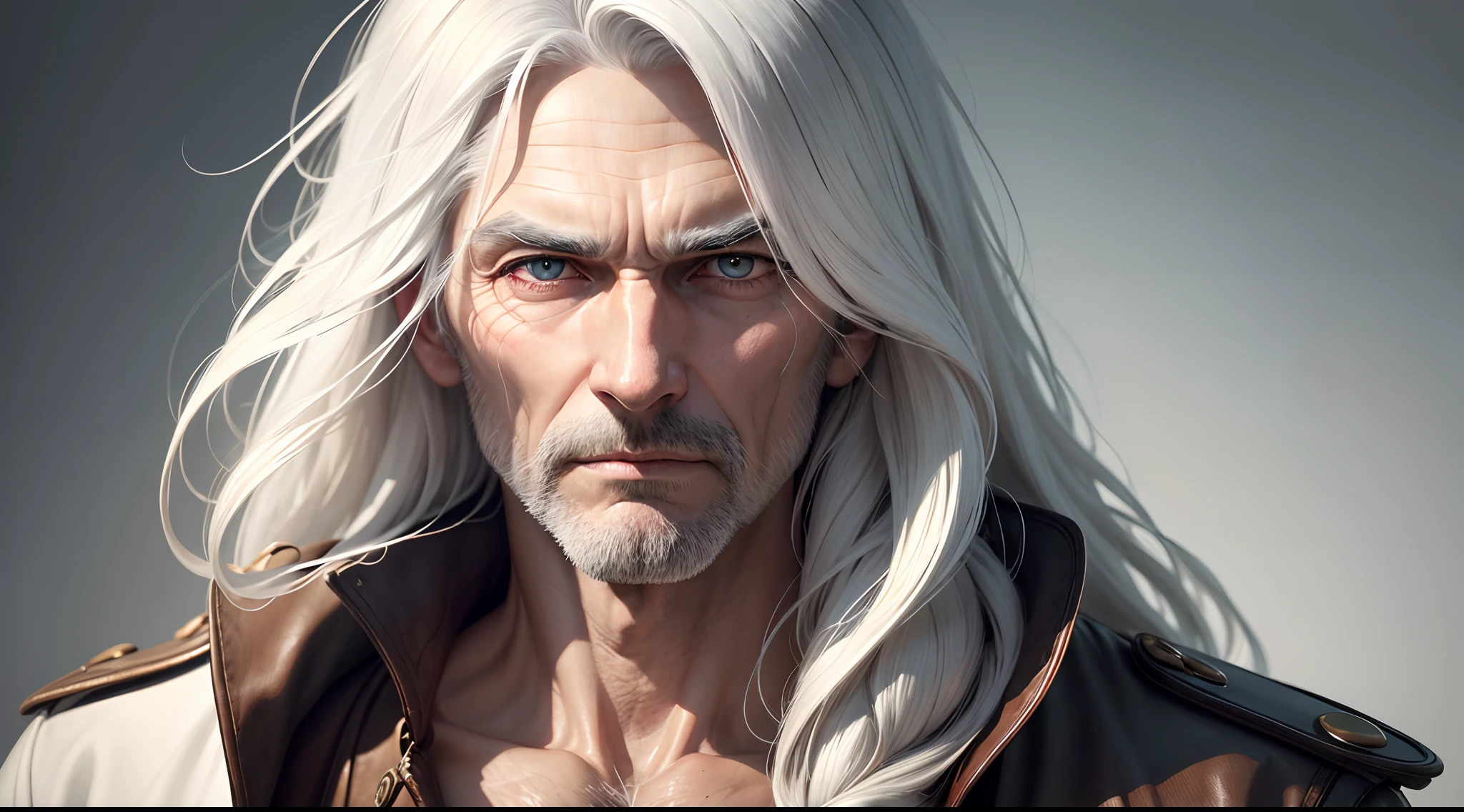 Man, long white hairs, hair covering left eye, close-up face, extremely detailed face,4k, masterpiece, trenchcoat