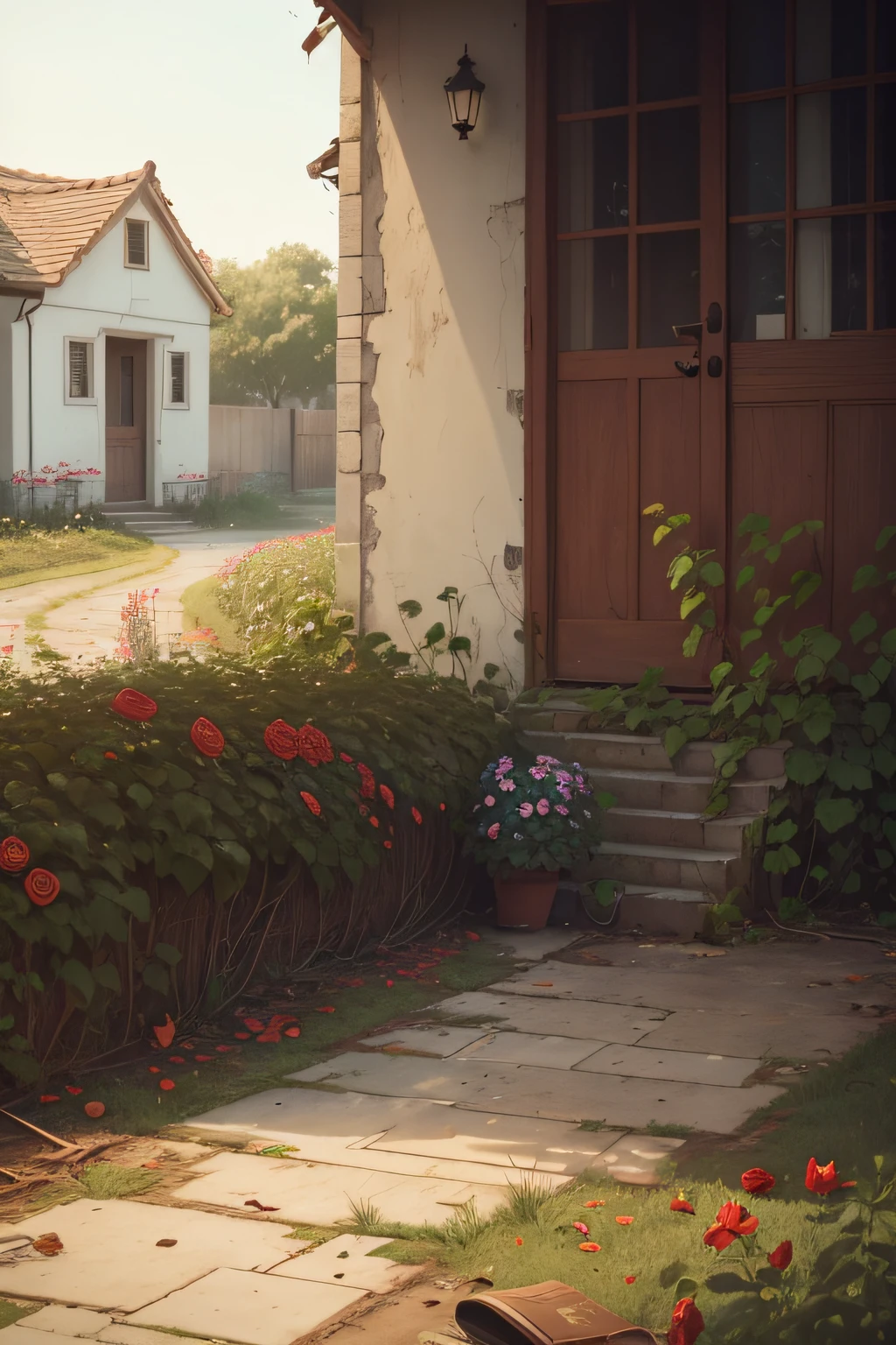 sad and withered roses and flowers, lost in the middle of a garden in the backyard of a simple house