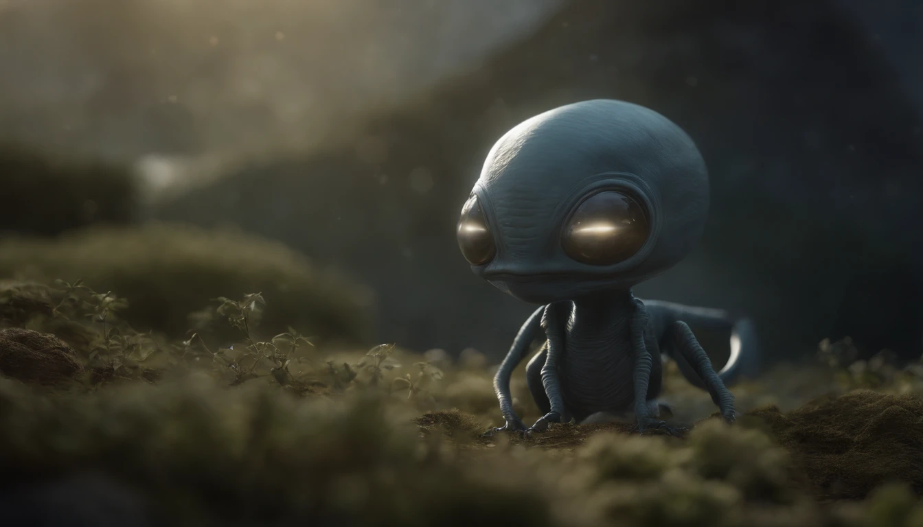 Ethereal alien creature with bluish-gray skin,中景 the scene is,cuerpo completo como,VFX surrealista altamente detallado 16K,OC renderizado,Camera shooting with 70mm - AR 16:9 --q 2 --s 1000. Cinnamatographic lighting, en el campo, se comunican con el espacio exterior y otros planetas, mira hacia el cielo, ojos grandes reflejan el paisaje opuesto, cinematiclight, Dramatic image photorealistic rendered at 16K, ser extraterrestre, noble, bueno, gentil, inteligente, NO son reptiles, retrato primer plano con alto nivel de detalle.