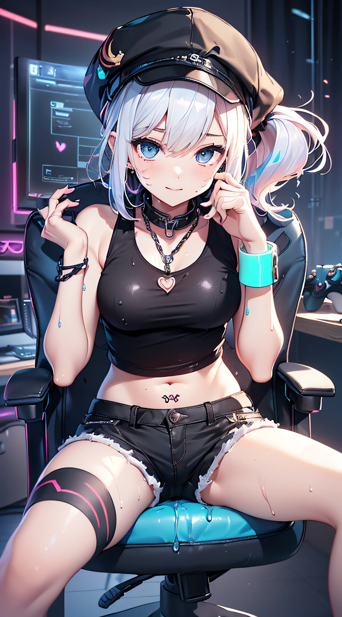 top-quality、Top image quality、masterpiece、girl with((18year old、Cool hat、Tattoo of the heart symbol on the right shoulder、Black Navel Tank Top、White shorts、Best Bust、Bust 85、a blond、poneyTail、Blue eyes、open chest wide、Happiness、Chain Accessories、Black wristband on wrist、sit a chair、A slender、whole body Dripping wet、Have a controller、Slouched))hiquality、visualart、Background with((Neon colored room、Gaming PC、Gaming Desk、Gaming Chair、Gaming bed、gaming console))、masutepiece、Depth(lightning bolt)
