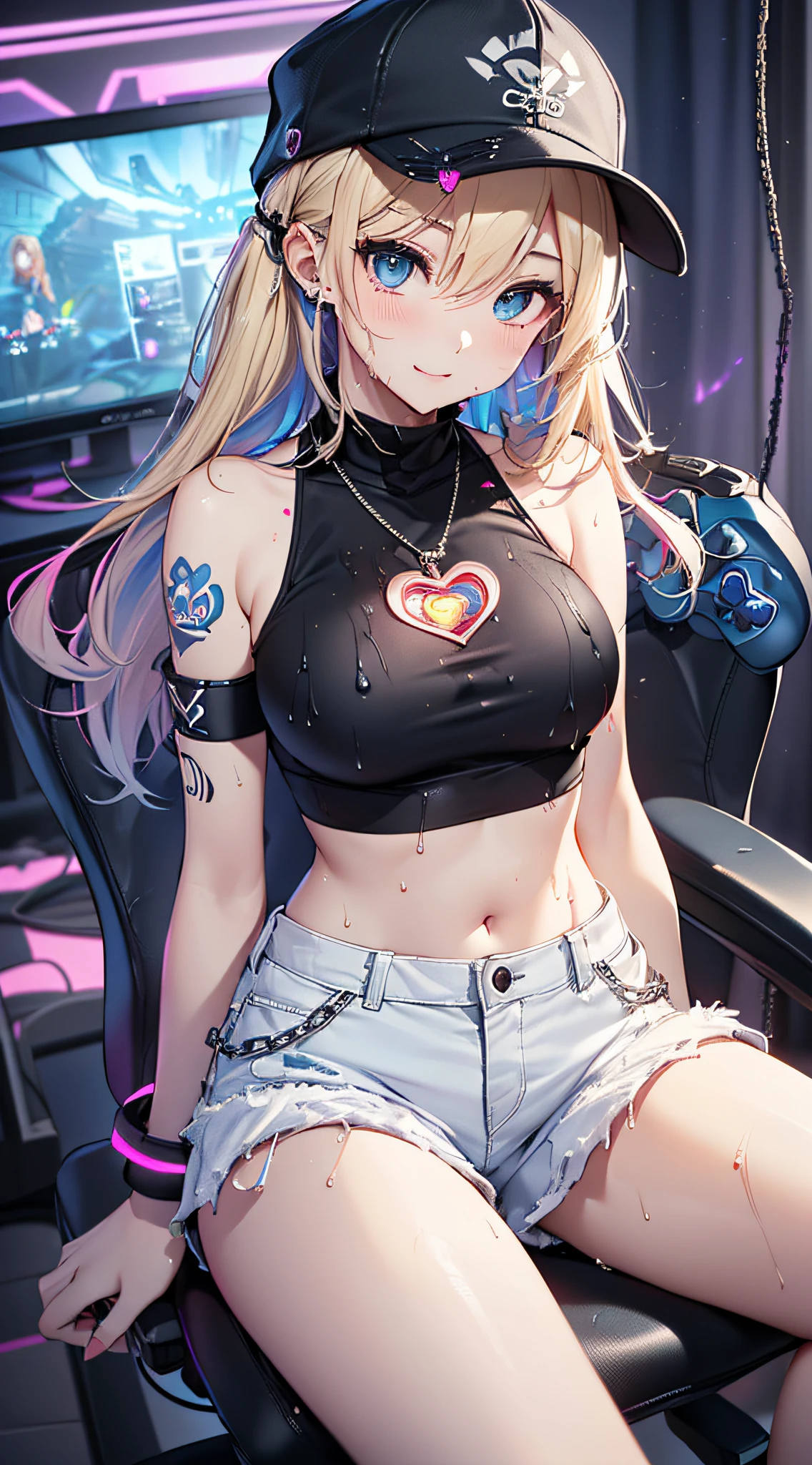 top-quality、Top image quality、masterpiece、girl with((18year old、Cool hat、Tattoo of the heart symbol on the right shoulder、Black Navel Tank Top、White shorts、Best Bust、Bust 85、a blond、poneyTail、Blue eyes、open chest wide、Happiness、Chain Accessories、Black wristband on wrist、sit a chair、A slender、whole body Dripping wet、Have a controller、Slouched))hiquality、visualart、Background with((Neon colored room、Gaming PC、Gaming Desk、Gaming Chair、Gaming bed、gaming console))、masutepiece、Depth(lightning bolt)