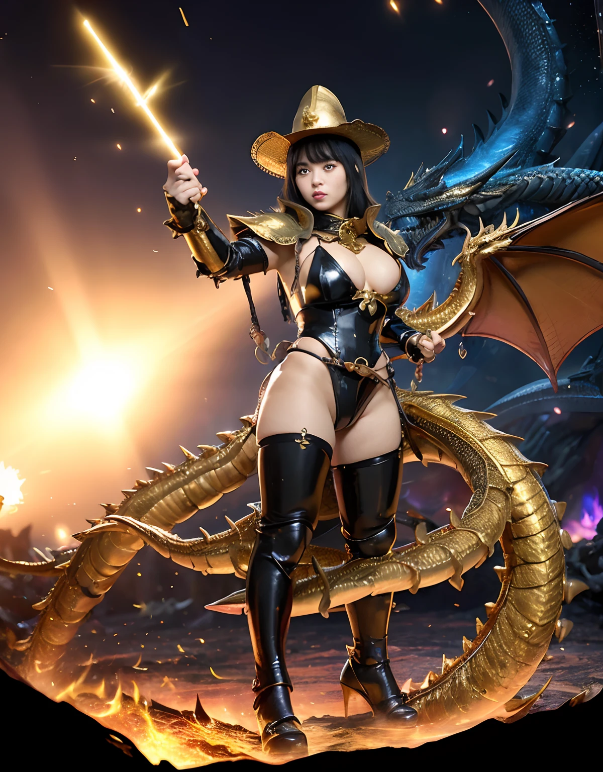 ((World of Darkness)),Professional , ​masterpiece、top-quality、photos realistic , depth of fields 、(((Fight dragons))),（Dragon Black Metal Body:1.9),(Latex Blue、（cleavage of the breast）,（Fight dragons）、Full Body Angle、(((Particles of light))),（Micro Bikini Armor:1.7),Gorgeous gold weapons ,（Fight dragons）、Seductive look、The face of the dragon is out、（blood splattere、Armpit、（(((With a magic wand))), ） , (((Wearing a black latex wizard hat))),（demonic wings）   ,（（a blond））、（Castle background）、（（Gangle's forest background））、Beautiful Caucasian beauty、１a person、Armpit、dynamic ungle,(((Detailed Gold Dragon Wizard Hat)))、Smaller head、A smile、Castle background、Thin and beautiful female hands、cleavage of the breast、Soldier in iron armor on background、Mystical expression、Light Effects、intense fighting、Wind-effect、magic circles、With the legendary magic wand、Dragon's tail、explosions、Toostock、Toostock、(Beautuful Women),