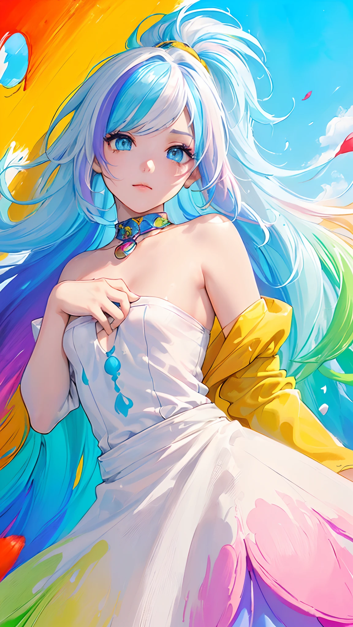(Pink Fashion T-shirt:1.9),(Colorful hair: 1.8), (all the colours of the rainbow: 1.8),(((((vertical painting:1.6))), (painting:1.6),front, comics, illustrations, paintings, large eyes, crystal clear eyes,( rainbow color gradient high ponytail:1.7), exquisite makeup, closed mouth,(Small Fresh: 1.5),(Wipe Chest: 1.6) ,long eyelashes, white off shoulder T-shirt, White Shoulder Shirt,looking at the audience, large watery eyes, (rainbow colored hair:1.6), color splash, (solo:1.8), color splash, color explosion, thick paint style, messy lines, ((shining)),(colorful), (colorful), (colorful), colorful, Thick Paint Style, (Splash) (Color Splash), Vertical Painting, Upper Body, Paint Splash, Acrylic Pigment, Gradient, Paint, Highest Image Quality, Highest Quality, Masterpiece, Solo, Depth of Field, Face Paint, colorful clothes, (Elegant: 1.2), gorgeous,long hair, wind, (Elegant: 1.3), (Petals: 1.4),(((masterpiece))),(((best quality))),((ultra-detailed)),(illustration),(dynamic angle),((floating)),(paint),((disheveled hair)),(solo),(1girl) , (((detailed anima face))),((beautiful detailed face)),collar,bare shoulders,white hair, ((colorful hair)),((streaked hair)),beautiful detailed eyes,(Gradient color eyes),(((colorful eyes))),(((colorful background))),(((high saturation))),(((surrounded by colorful splashes))),