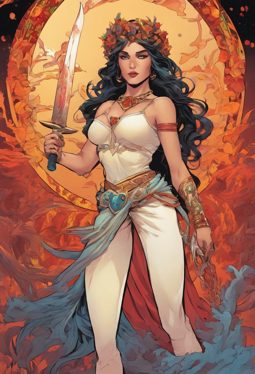 A girl ,the goddess of death,evil flame eyes,hold magic knife,gorgeous
