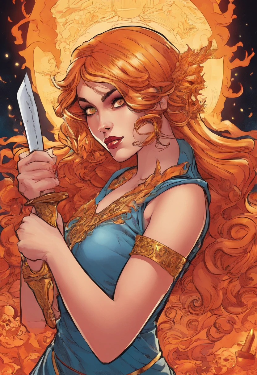 A girl ,the goddess of death,evil flame eyes,hold magic knife,gorgeous