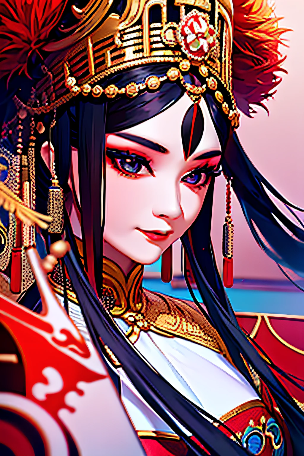 beijing opera,long hair girl，Stage，surrealism, High detail, cubismo, Tonalism,Opera costumes，beautidful eyes，Close-up