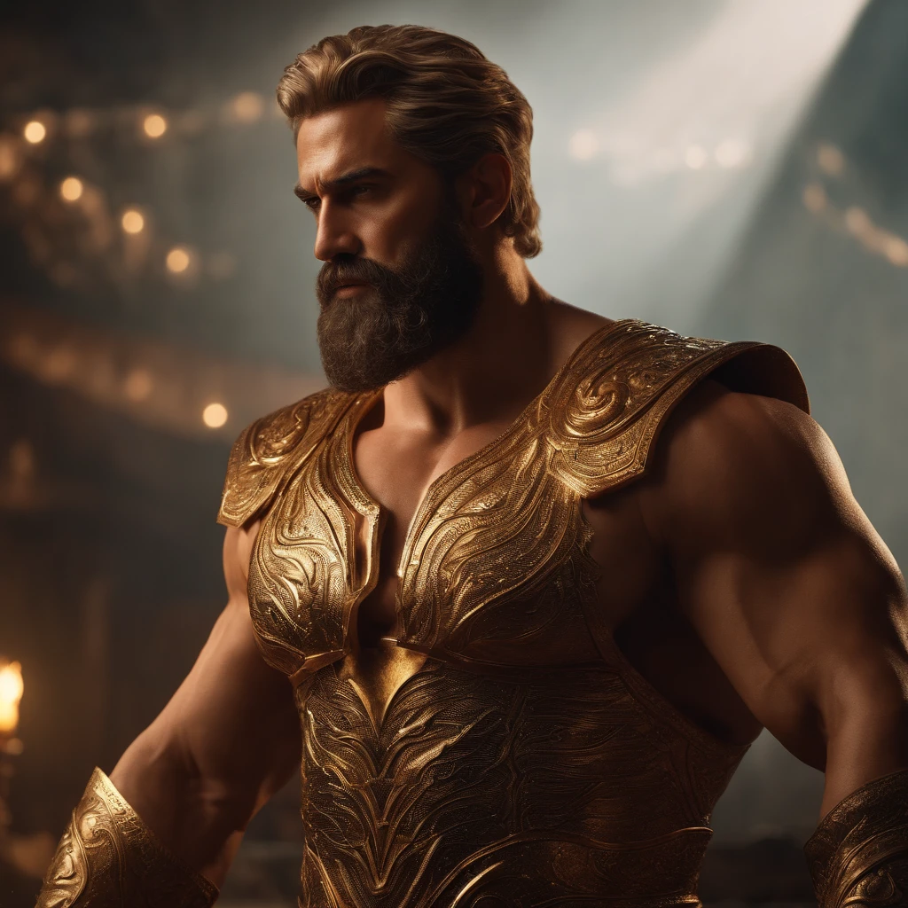 Cinematic image of Zeus ,Pose imponente muy musculosa ,Inspirado en caracteres griegos ,Antecedentes detallados ,8k,Super detailed,Inspirado en personajes estoicistas