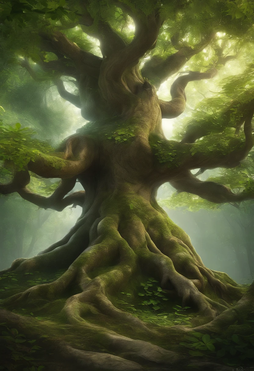 Arbomorph A hug of dwarf pixie turns into a leafy tree, with roots as legs, branches like arms, some leaves fly on a white background,l