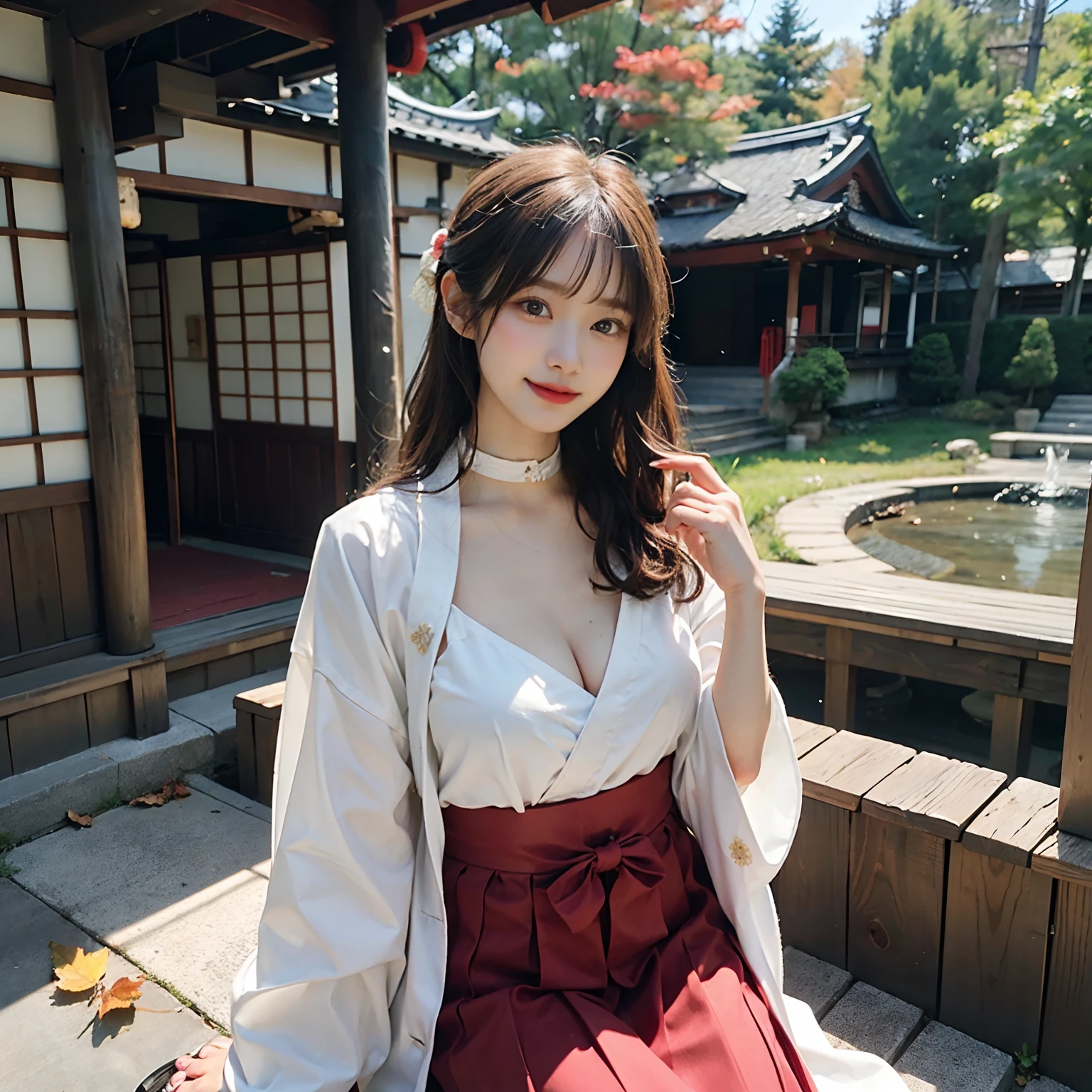Woman in red skirt and white shirt is taking pictures, japanese girl school uniform, hakama kimono, Japan school uniform, Collar white and red, A Japanese style, Red kimono, Japanese style, traditional japanese, Wearing Hakama, japanese kimono,Background inside the house,Beautiful building on background, Ultra-high image quality,No bra,feet visible ,You can see the valley ,cleavage of the breast ,Furisode ,Wide sleeves ,Wearing a priestess uniform ,Chest revealed ,The chest is visible ,japanes ,Natural smile ,wide open legs ,opening legs ,Sleep posture ,Lying position