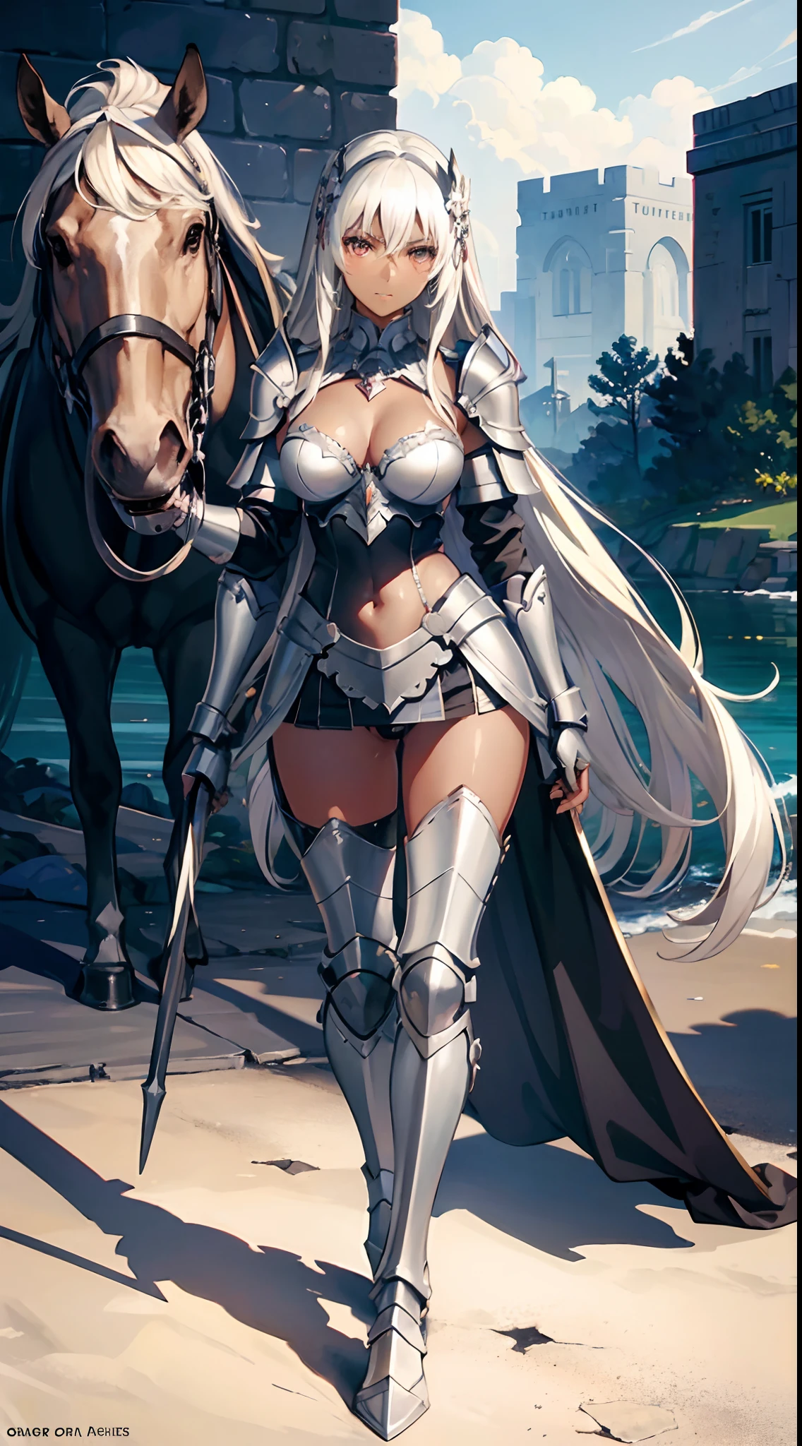 ((slanted eyes)),(milf),(((mature female,adult female))),solo,masterpiece, Top  Quality, ultra-definition, max resolution, A highly detailed,((((dark skin)))), extremely sexy,large breasts,blush,high legs,white panties,thong,armor girl, bikini armor female knight, Bikini Armor, bikini-armor, bikini-armor, ornate bikini armor, Female knight, Gorgeous Female Paladin,Beautiful armor,cleavage,over-knee sock,in palace,ass,from behind