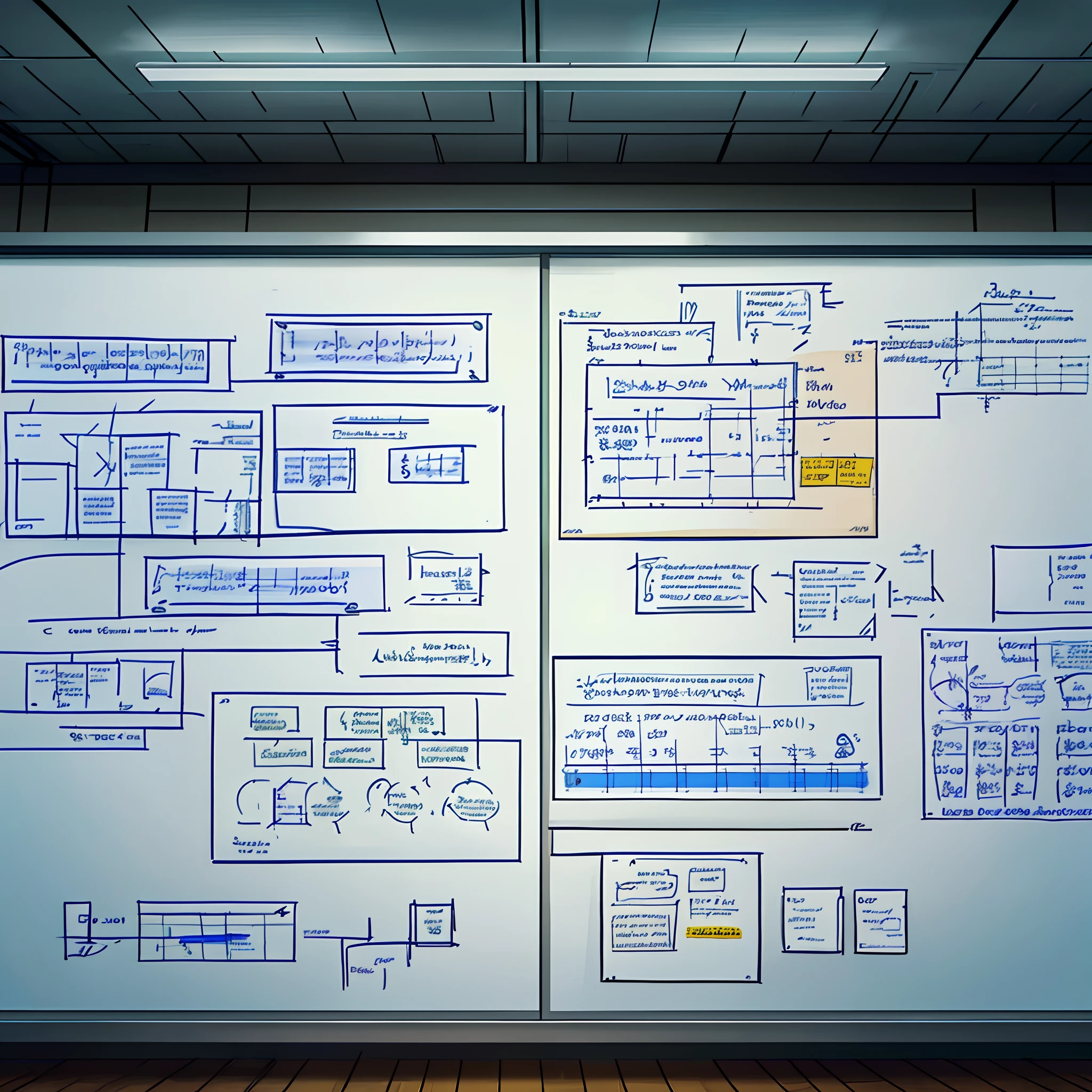A photo of engineers discussing ideas in a meeting room with a whiteboard full of equations and diagrams.