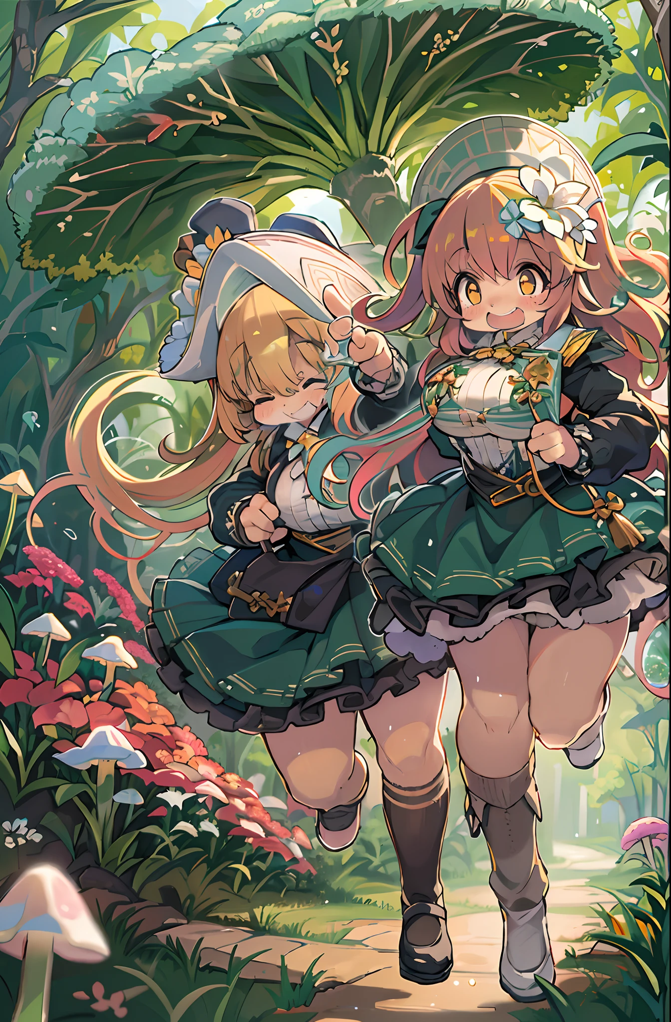 eyesight, (Three tas: 2) Stable diffusion is the best image quality, morning sunlight, Spring landscape, Dew and flowers, flying hair, Live in a fairytale dreamland with mushrooms, trip, Running, and laughing. forest pathway,huge-breasted、bbw,Large Thigh
