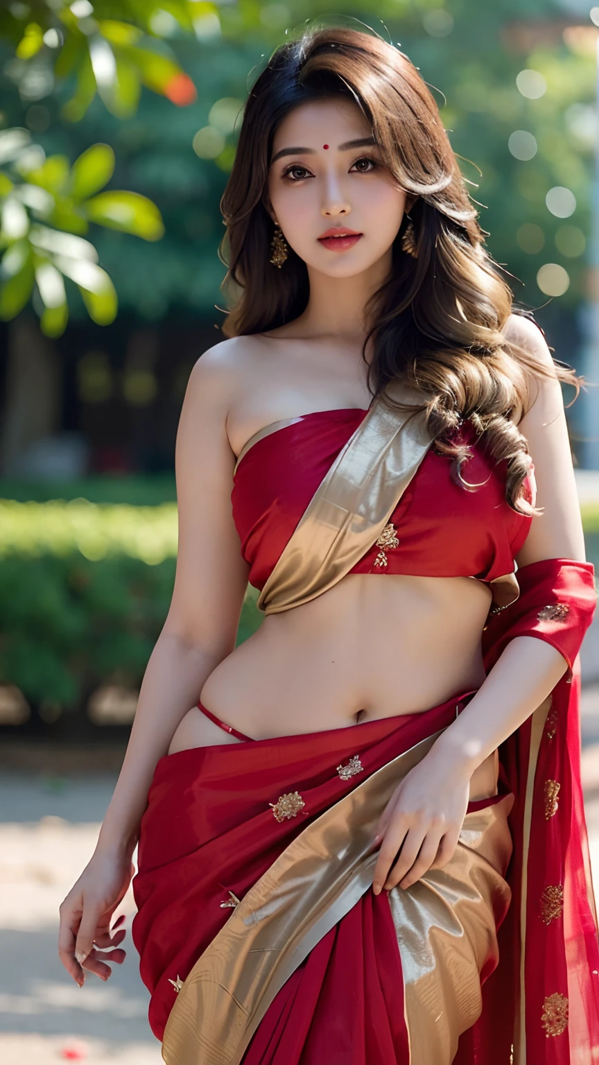 (((desi girl))), chubby face, natural skin, wearing red bridal saree, charming black hair, ((hair ends are blonde)), greenary village background, bokeh,sexy lady,wide hips,big boobs showing,c cup boobs,without blouse.